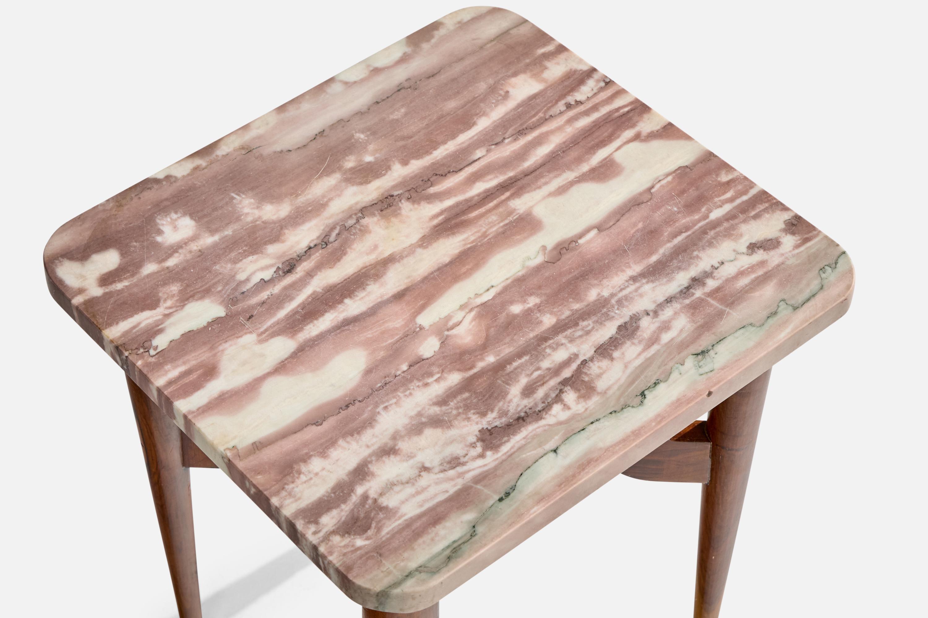 Ottone Brazilian Designer, Side Table, Wood, Brass, Marble, Brazil, 1950s in vendita
