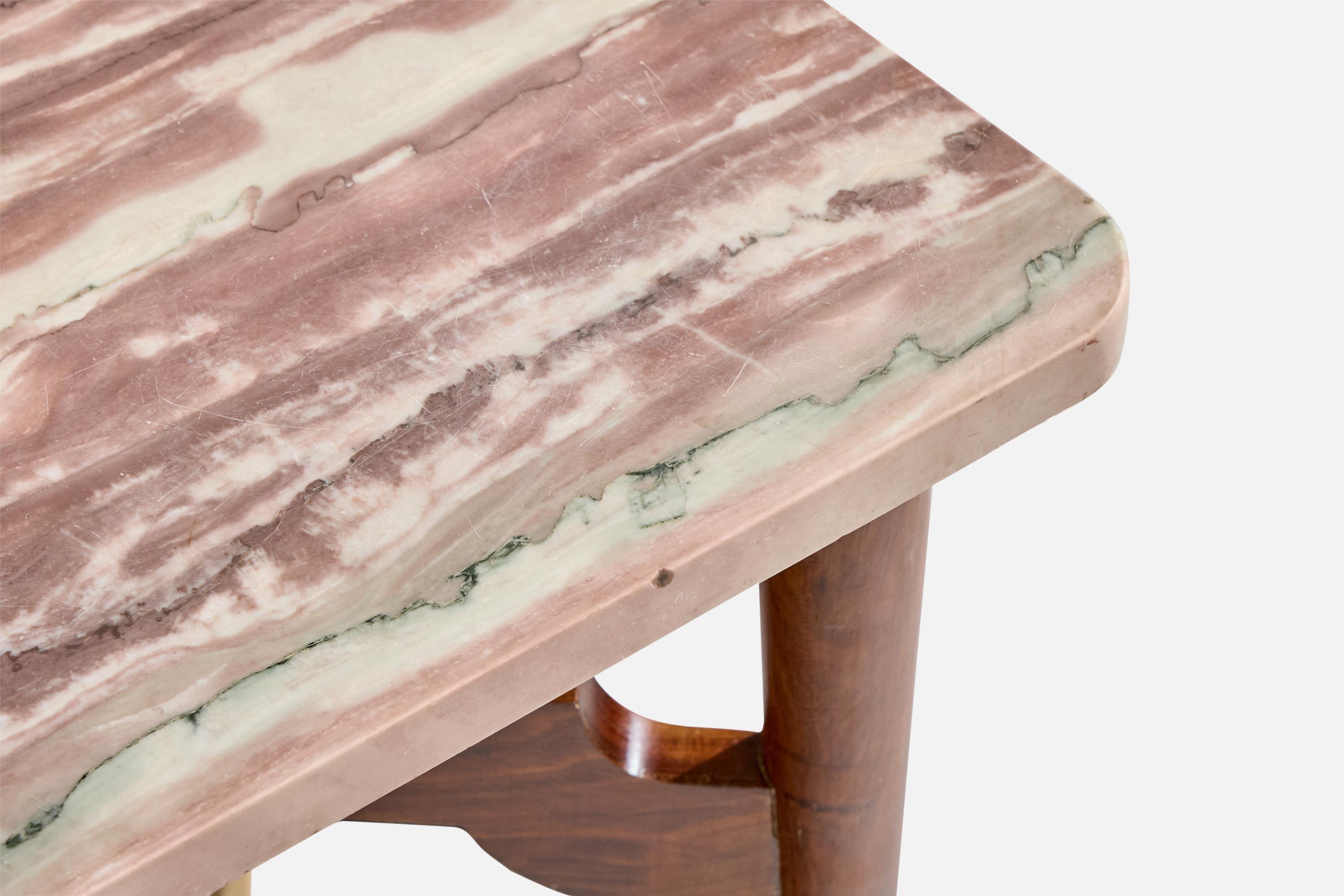 Brazilian Designer, Side Table, Wood, Brass, Marble, Brazil, 1950s in vendita 1