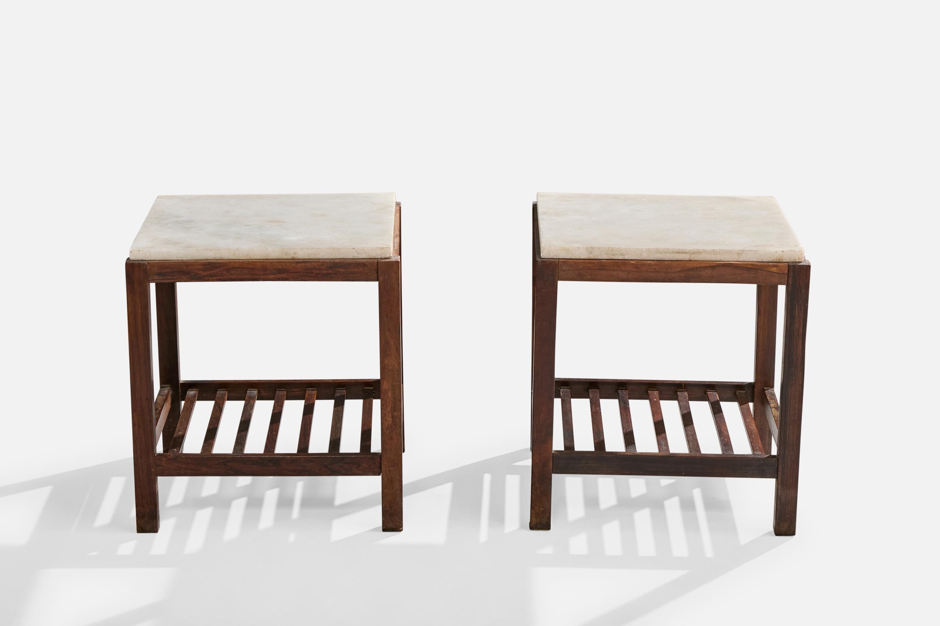 Mid-Century Modern Brazilian Designer, Side Table, Wood, Marble, Brazil, 1950s en vente