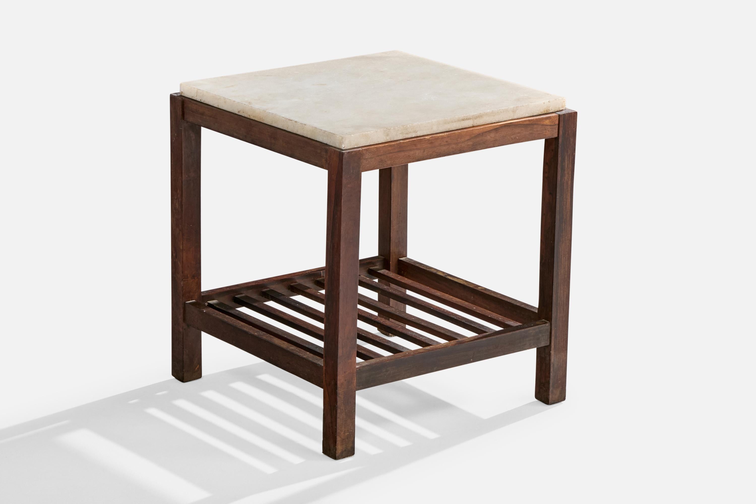 Brésilien Brazilian Designer, Side Table, Wood, Marble, Brazil, 1950s en vente