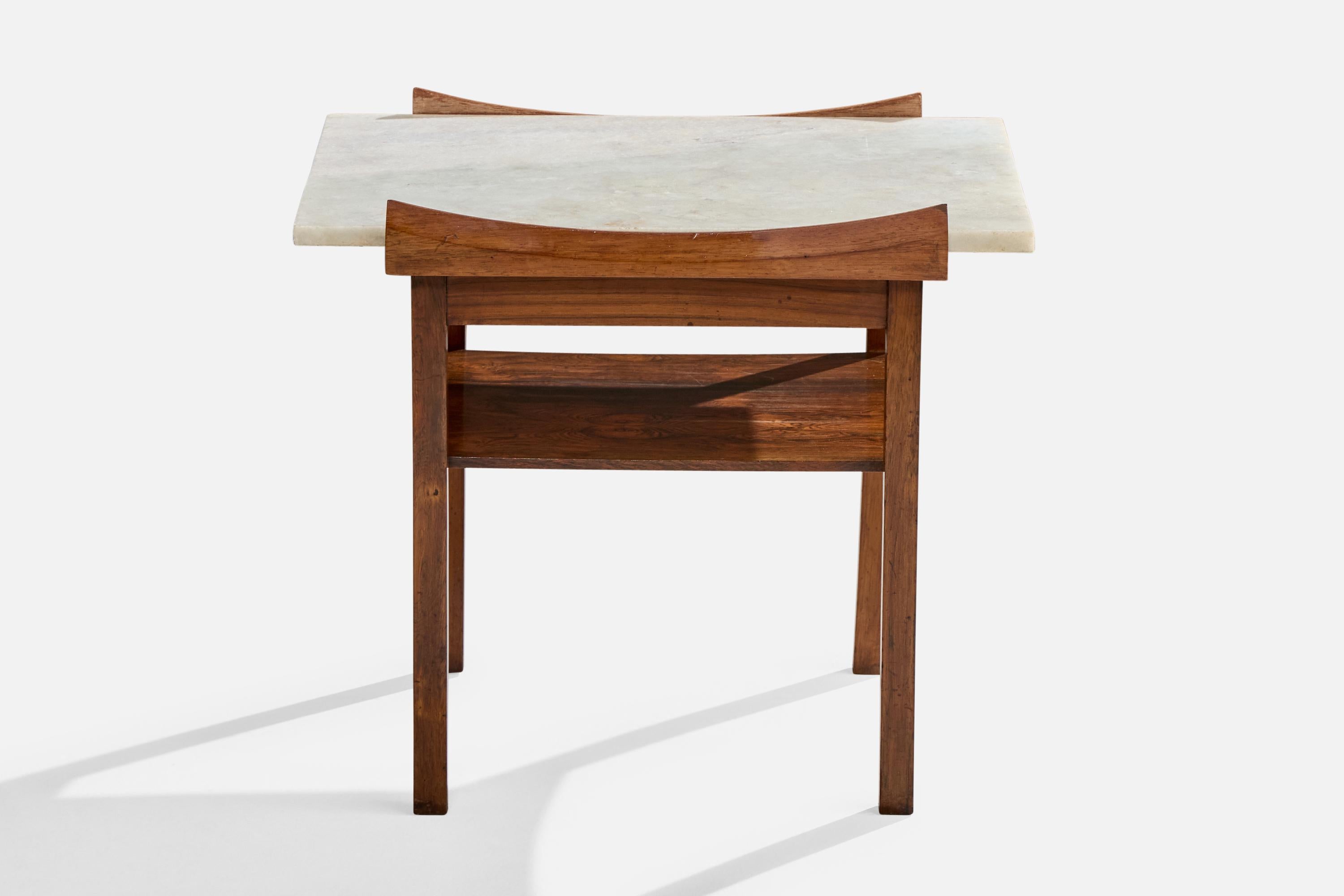 Mid-Century Modern Brazilian Designer, Side Table, Wood, Marble, Brazil, 1960s en vente