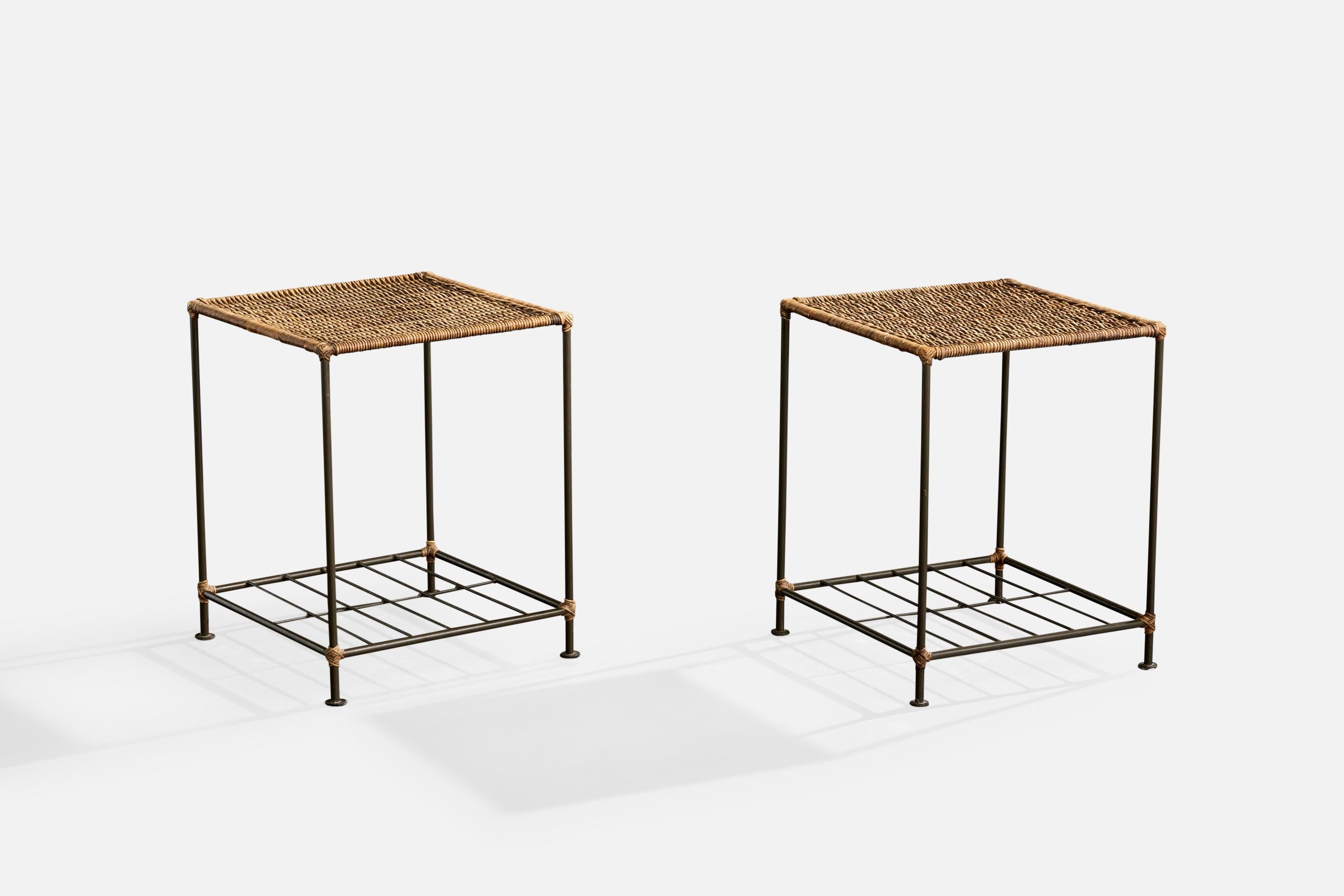 A pair of rattan and iron side tables designed and produced in Brazil, c. 1950s.

Overall Dimensions (inches): 20.0