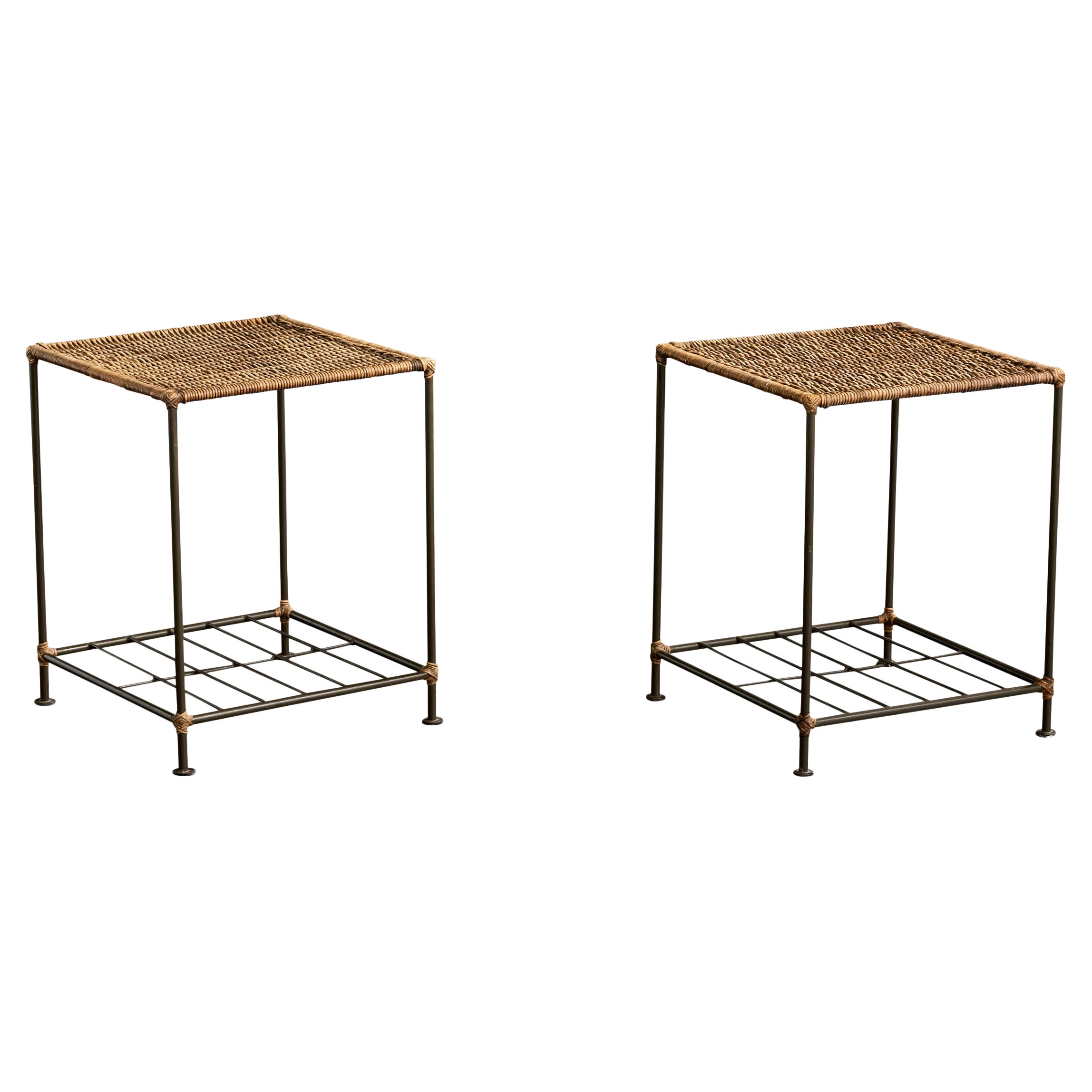 Brazilian Designer, Side Tables, Iron, Rattan, Brazil, 1950s