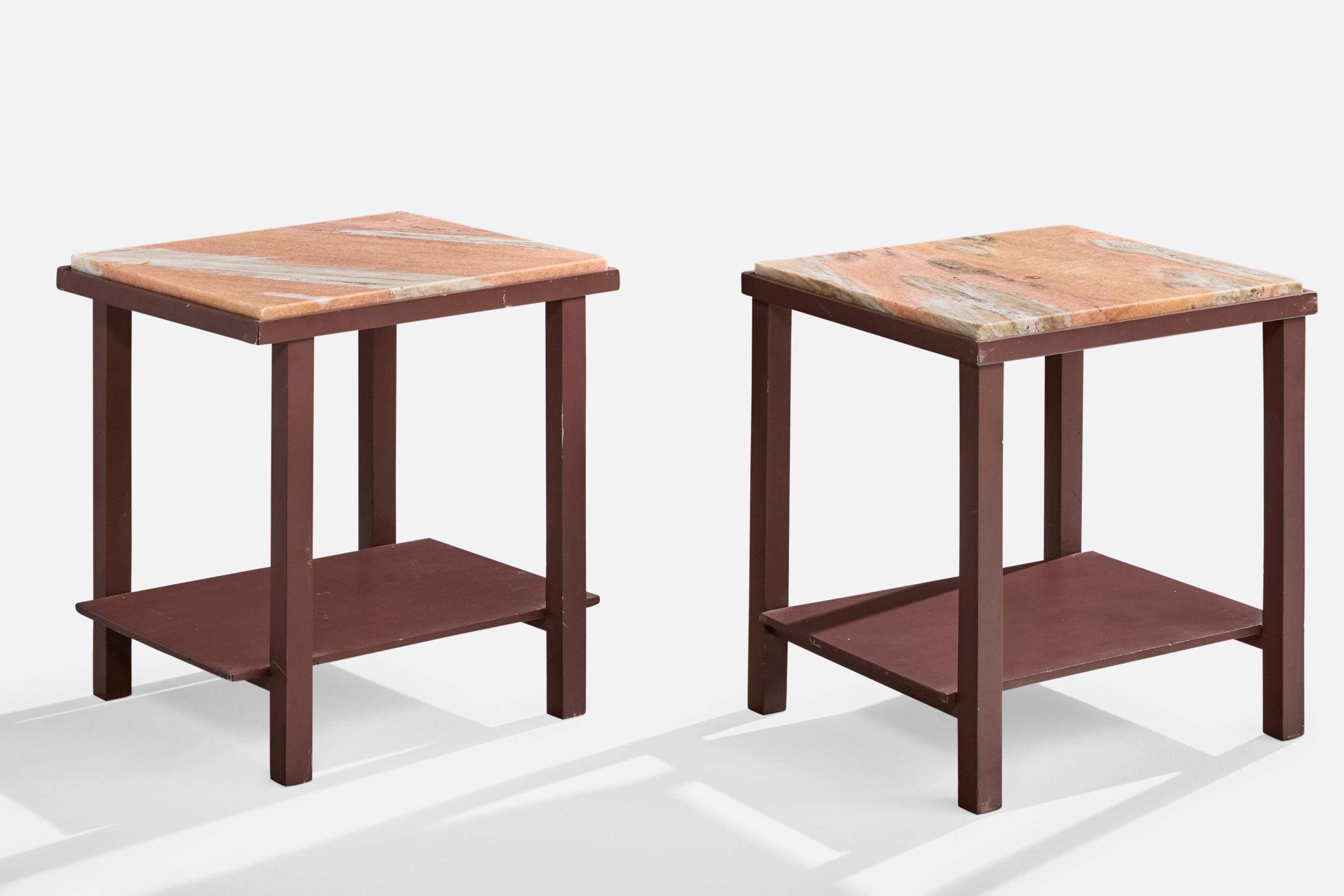 A pair of burgundy red-lacquered wood and marble side tables designed and produced in Brazil, c. 1960s.

Light scratching on one marble top, a cup stain and a couple yellow stains on the other marble top, minor wear to corners of both marble