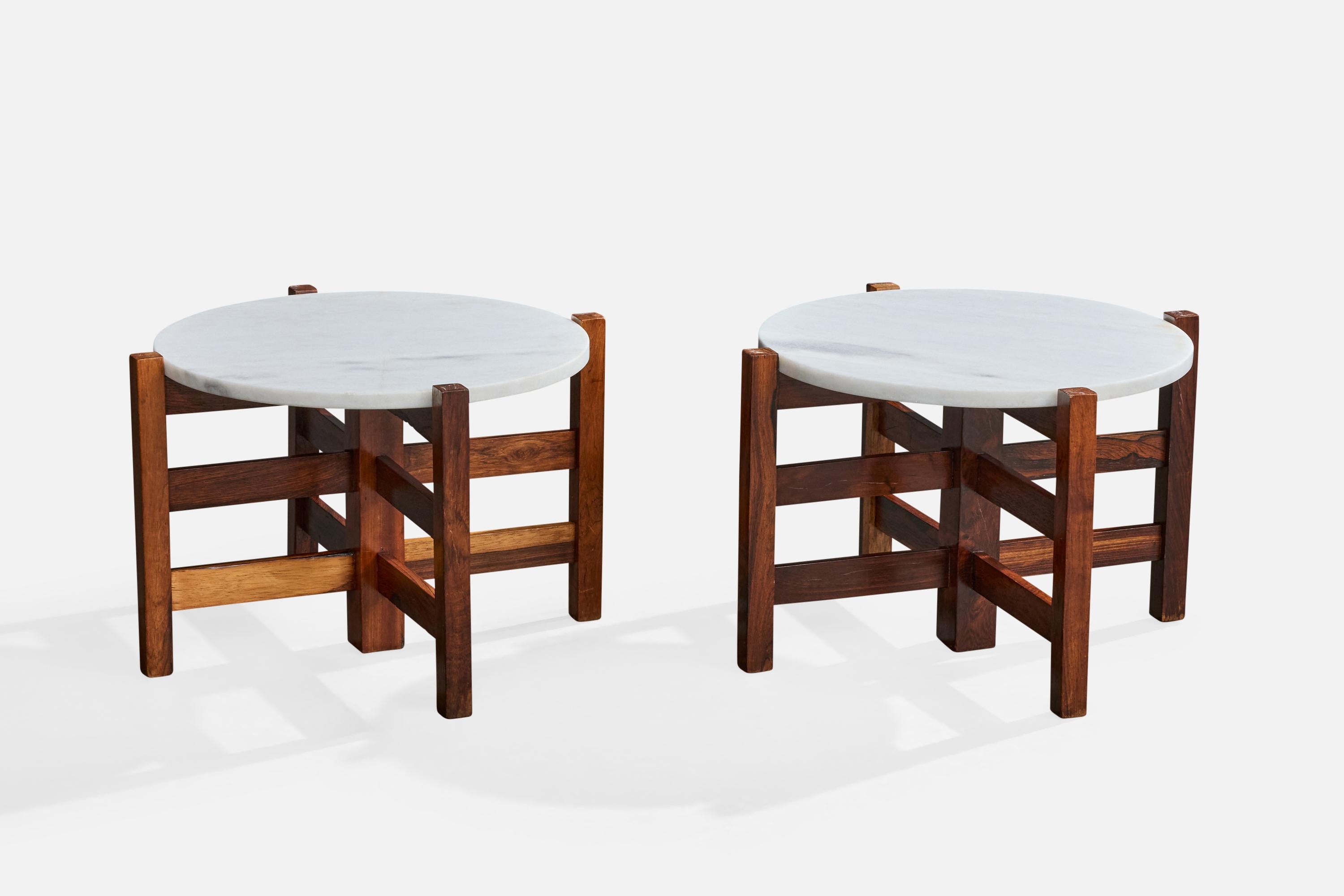 A pair of wood and marble side tables designed and produced in Brazil, c. 1960s.

Overall Dimensions (inches): 15.0