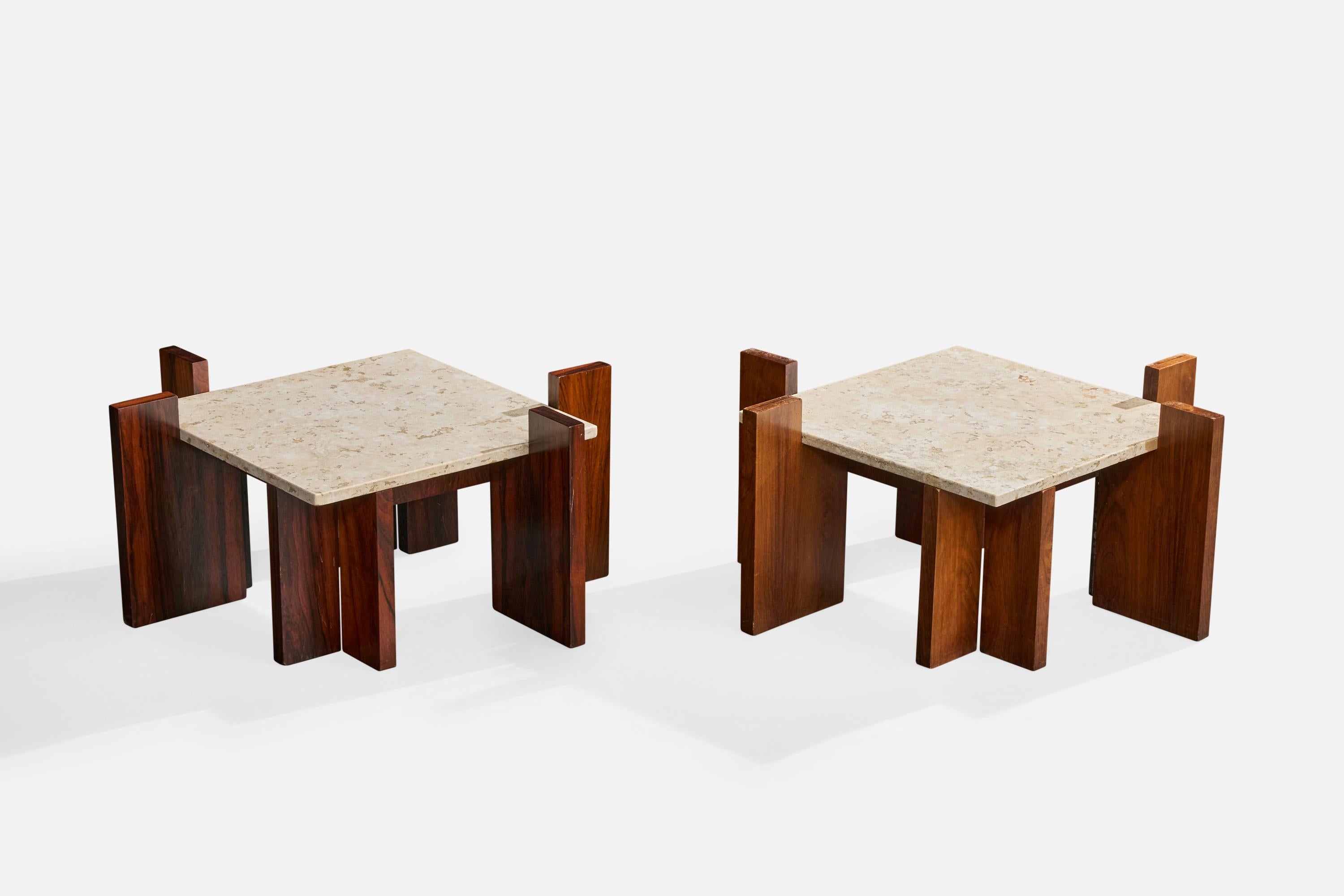 A pair of marble and wood side tables designed and produced in Brazil, c. 1960s.

Overall Dimensions (inches): 13.75
