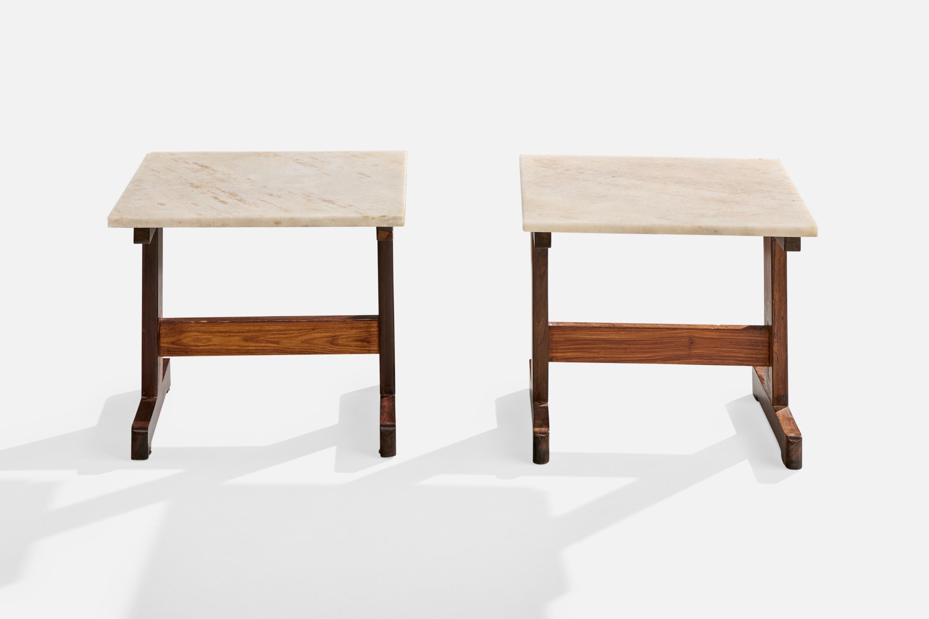 Mid-Century Modern Brazilian Designer, Side Tables, Wood, Marble, Brazil, 1960s en vente