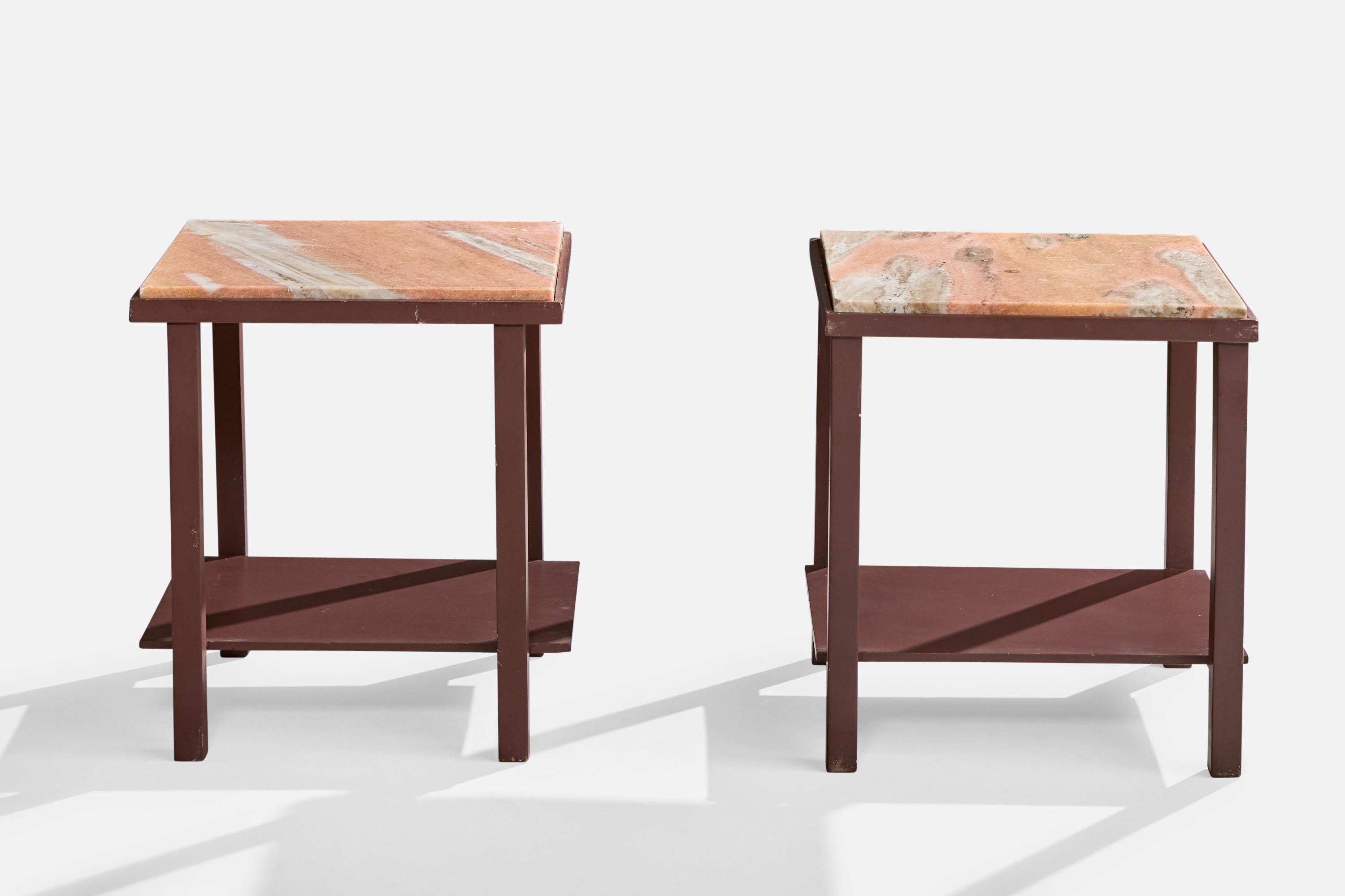 Mid-Century Modern Brazilian Designer, Side Tables, Wood, Marble, Brazil, 1960s For Sale