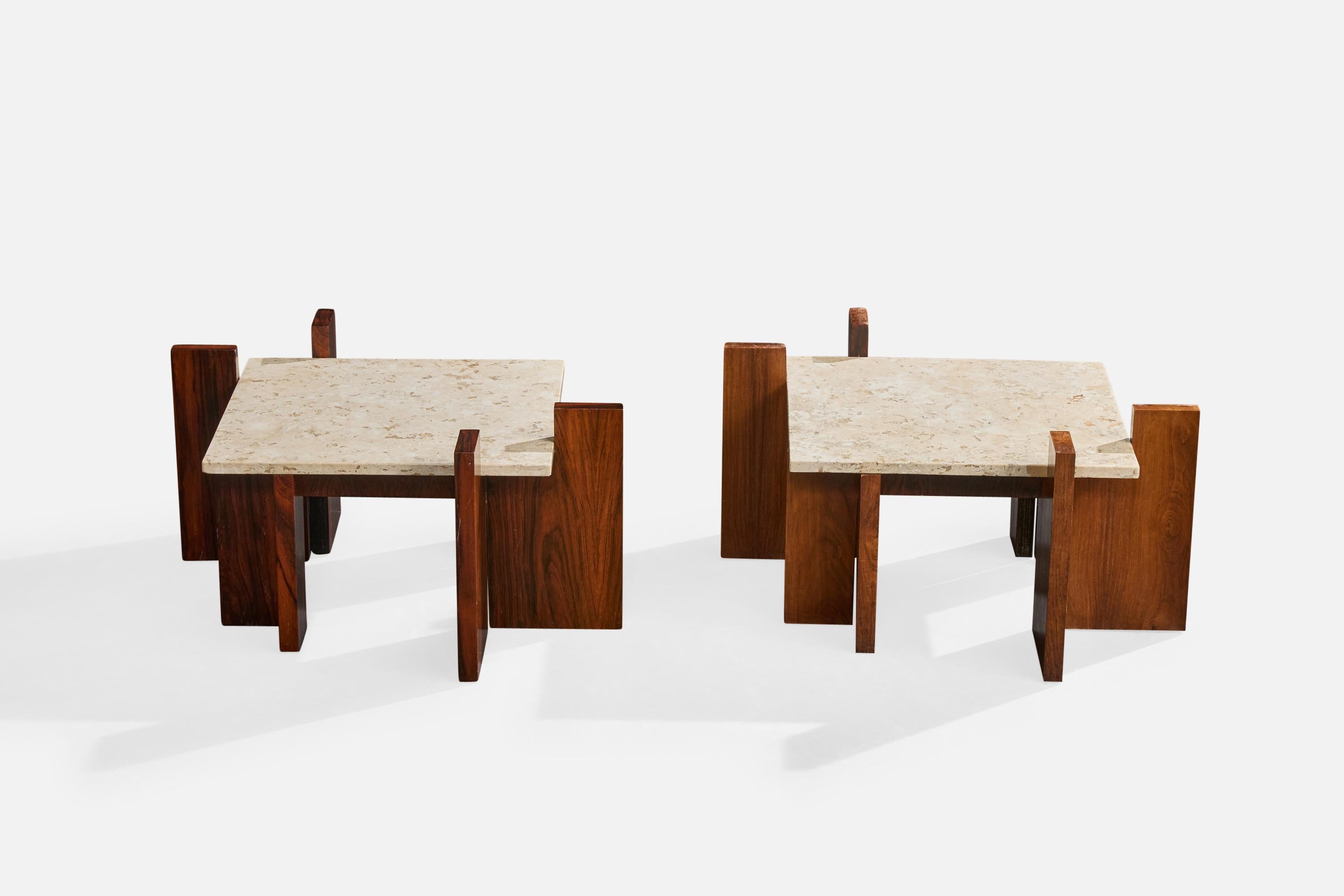 Mid-Century Modern Brazilian Designer, Side Tables, Wood, Marble, Brazil, 1960s For Sale