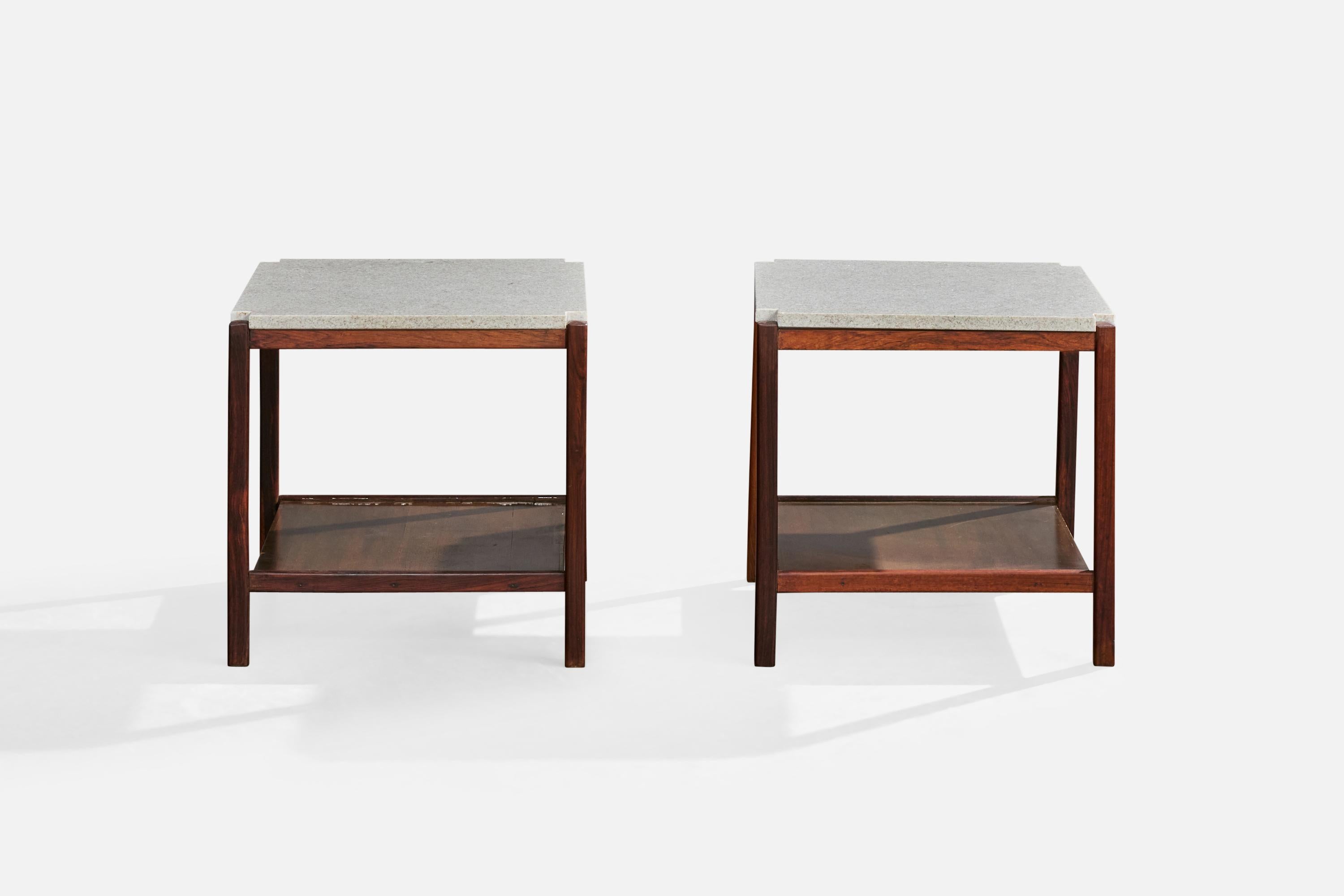 Mid-Century Modern Designer brésilien, tables d'appoint, bois, marbre, Brésil, années 1960 en vente