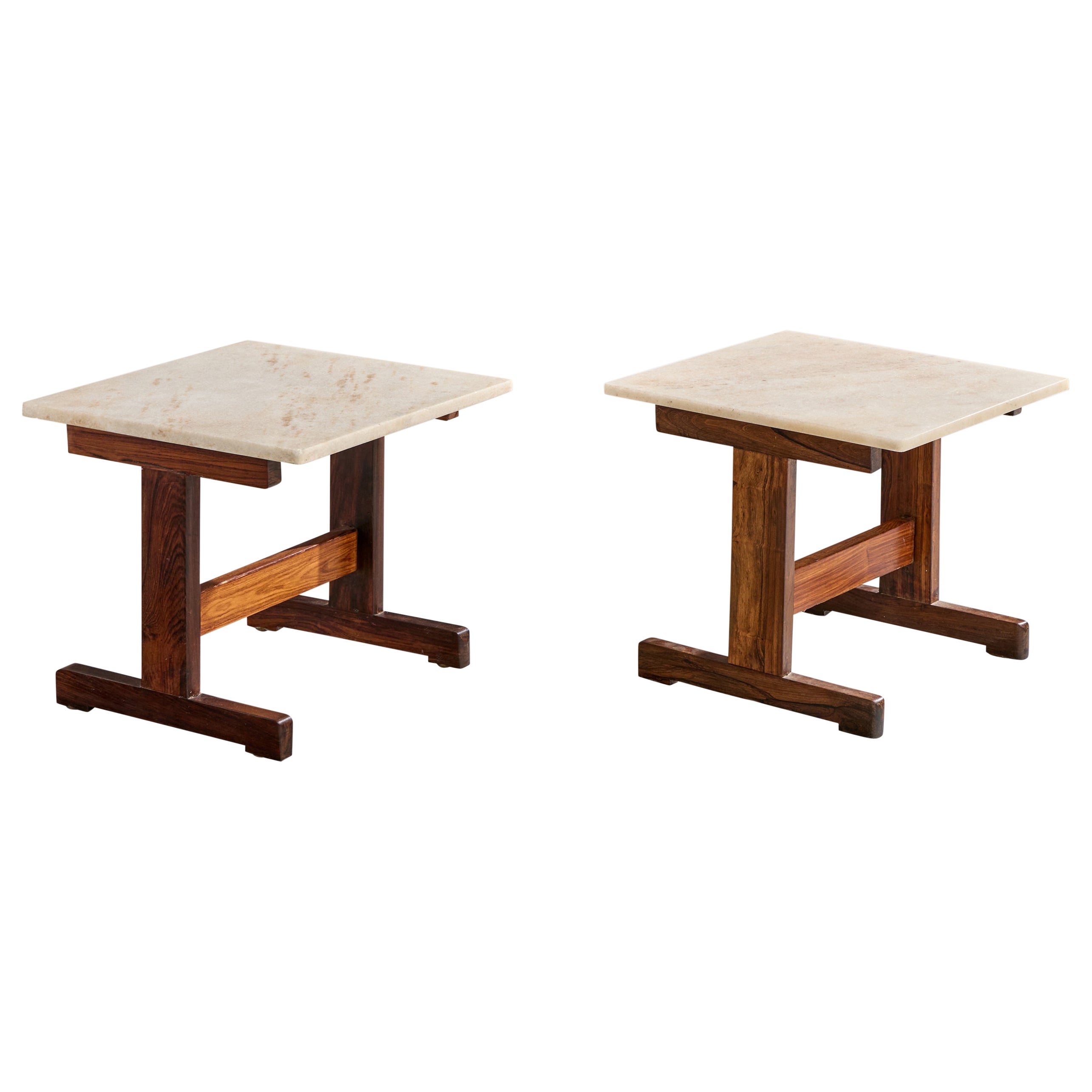 Brazilian Designer, Side Tables, Wood, Marble, Brazil, 1960s