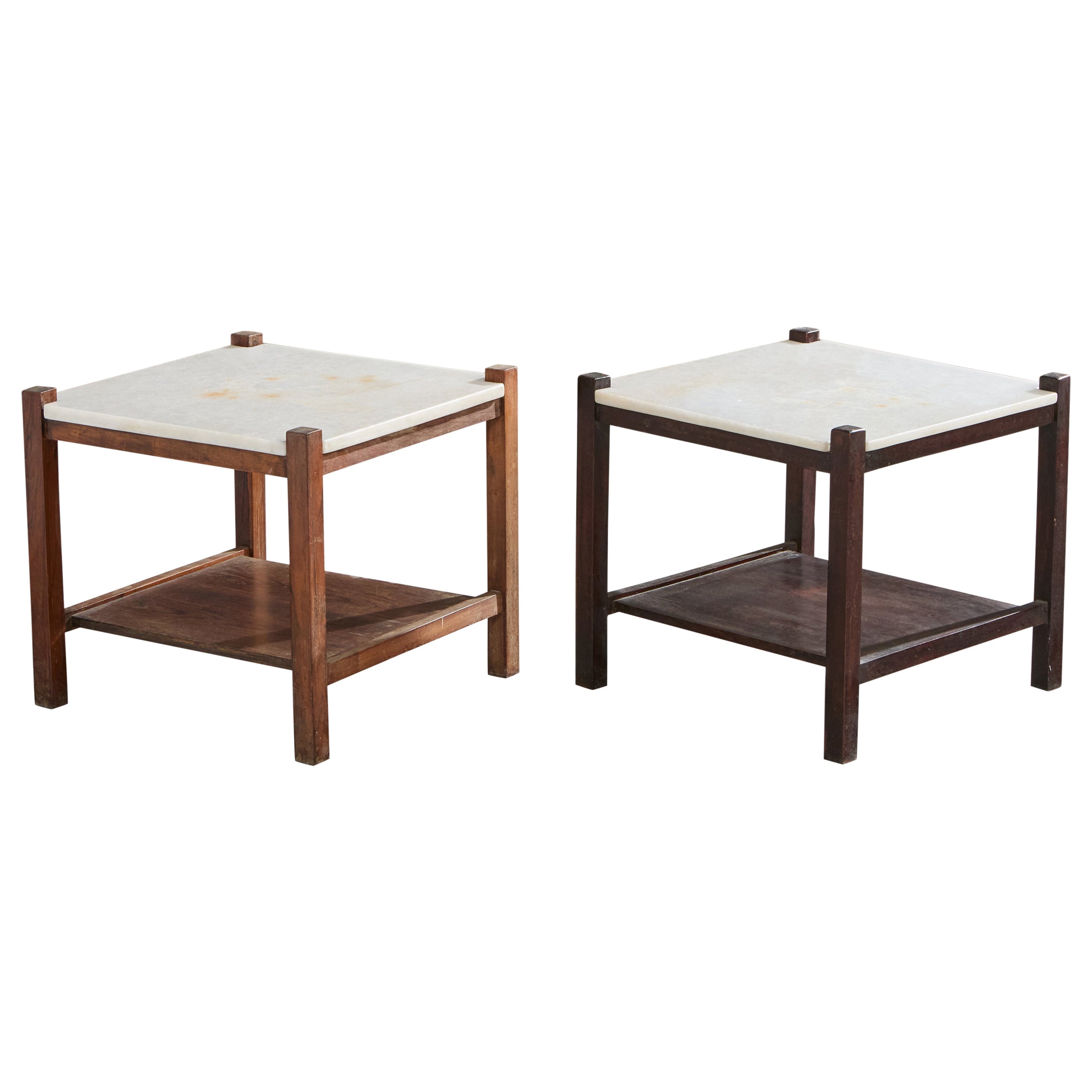 Brazilian Designer, Side Tables, Wood, Marble, Brazil, 1960s