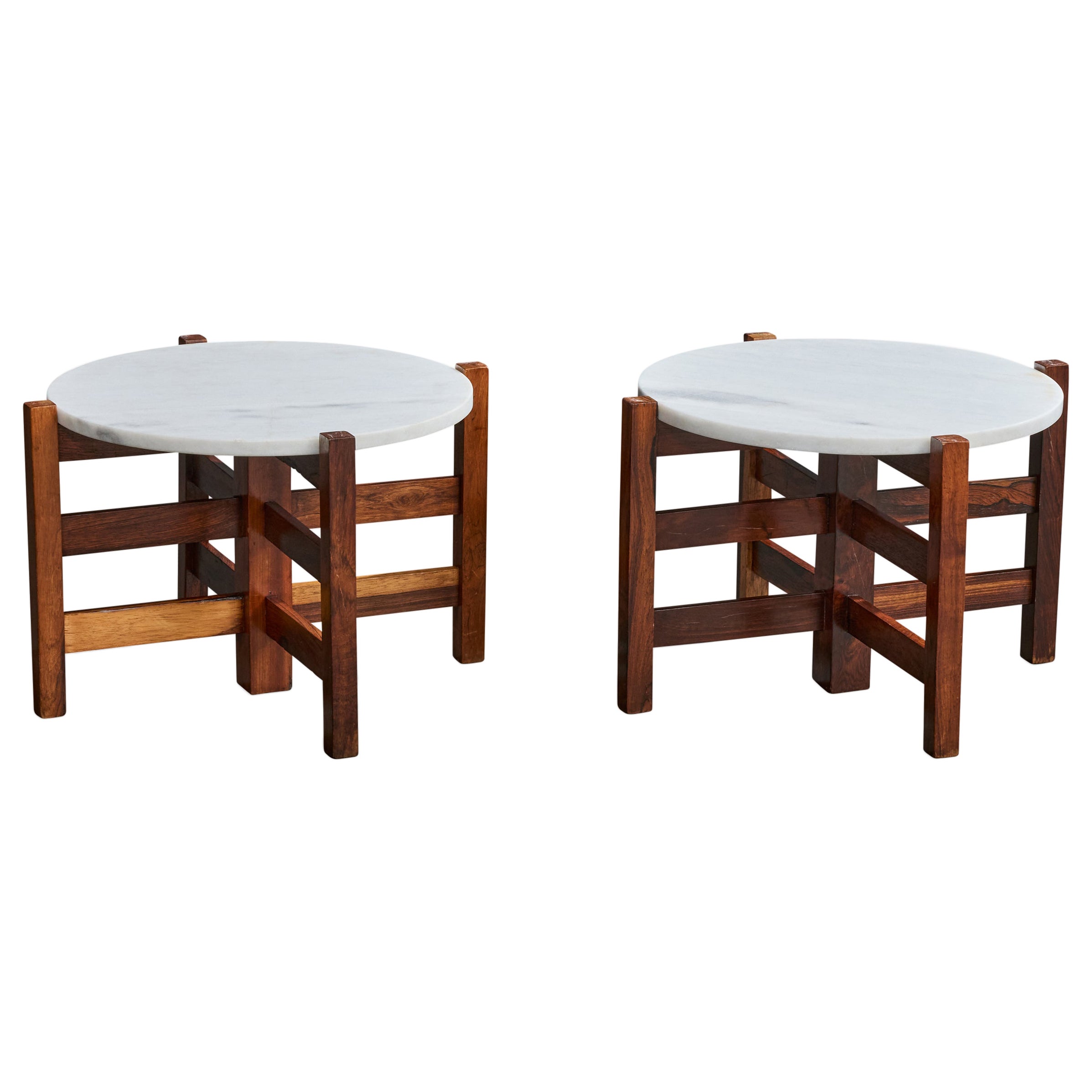 Brazilian Designer, Side Tables, Wood, Marble, Brazil, 1960s For Sale