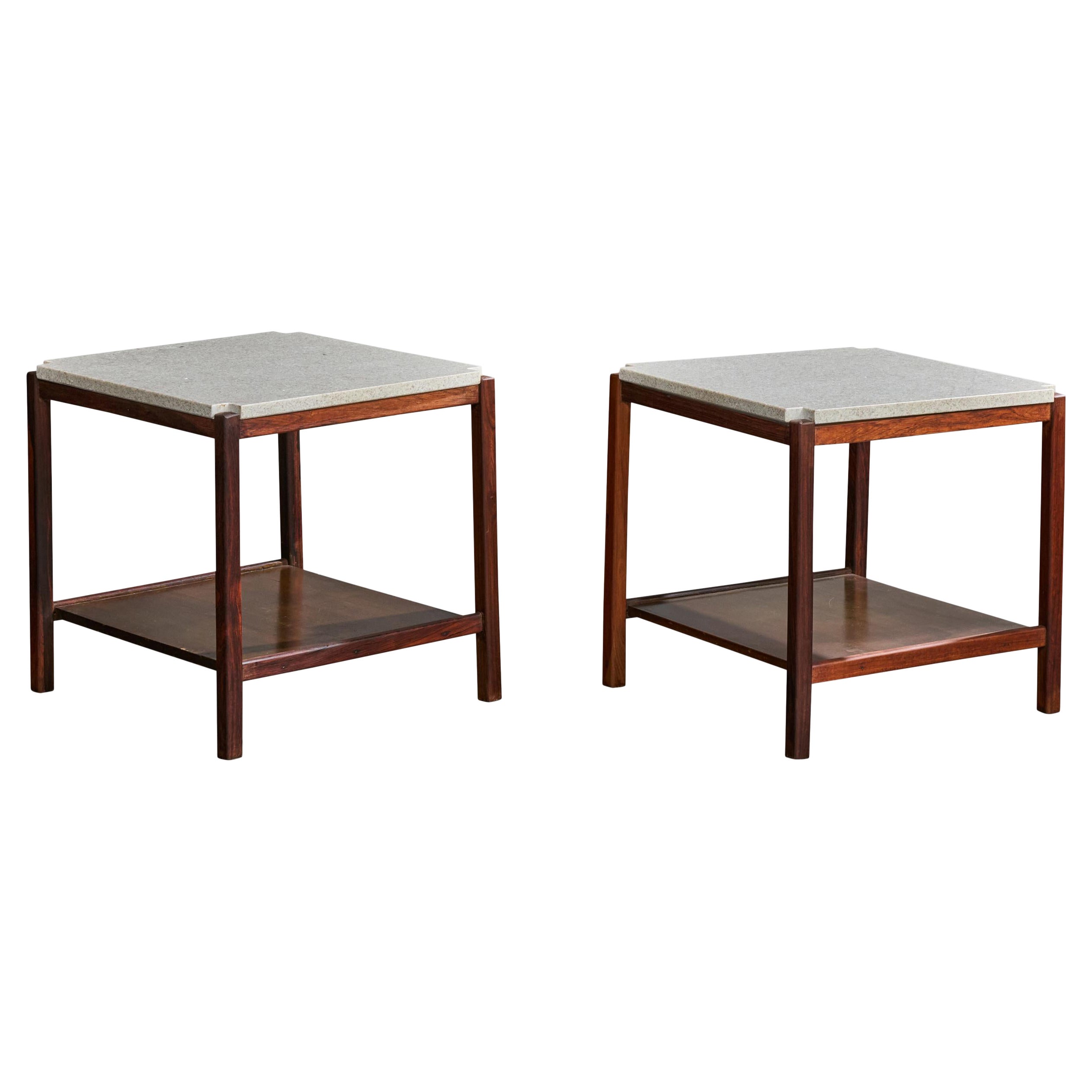 Designer brésilien, tables d'appoint, bois, marbre, Brésil, années 1960