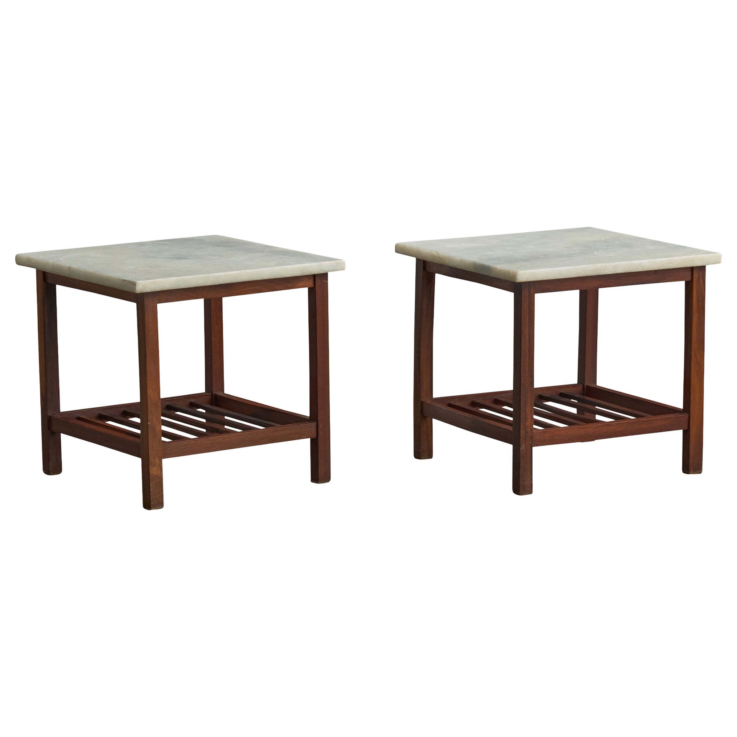 Brazilian Designer, Side Tables, Wood, Marble, Brazil, 1960s