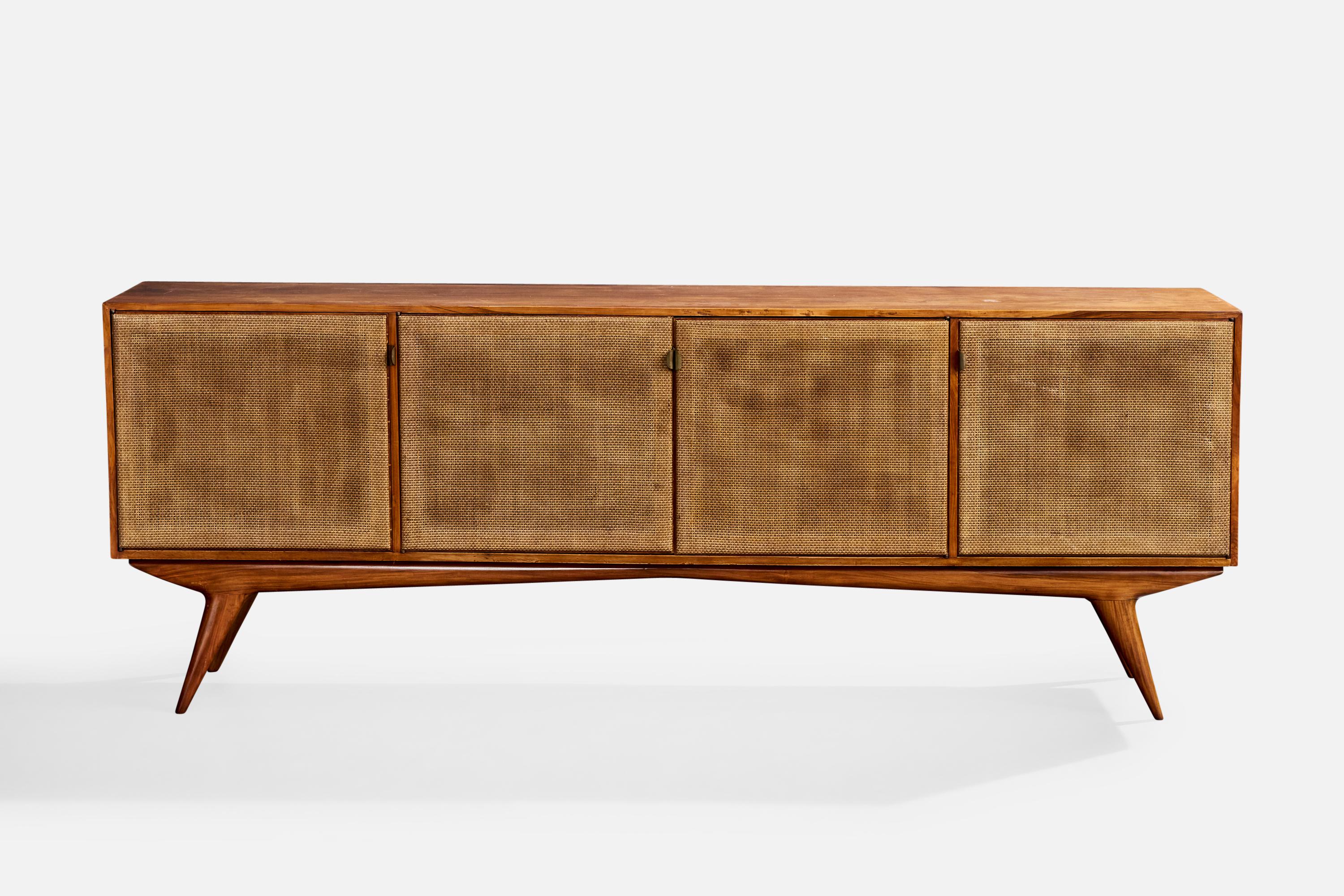 Mid-Century moderno Credenza brasiliana di design, Wood, canna, ottone, Brasile, anni '50 in vendita