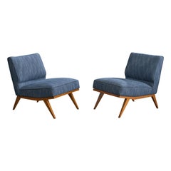 Brazilian Designer, Slipper Chairs, Wood, Fabric, Brazil, 1960s
