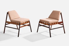 Brazilian Designer, Slipper Chairs, Wood, Leather, Fabric, Brazil, 1960s