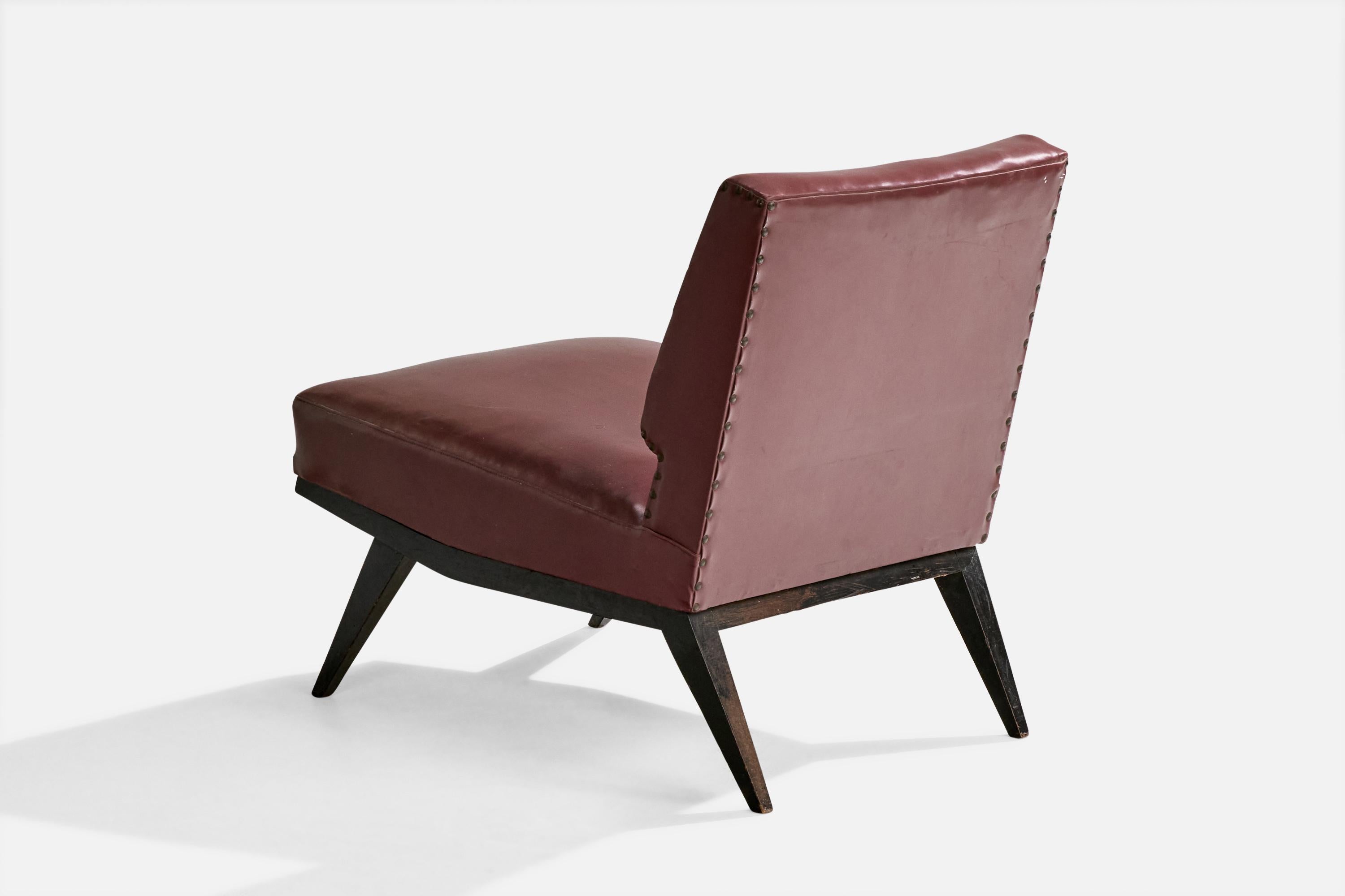 Upholstery Brazilian Designer, Slipper Chairs, Wood, Vinyl, Brazil, 1960s For Sale