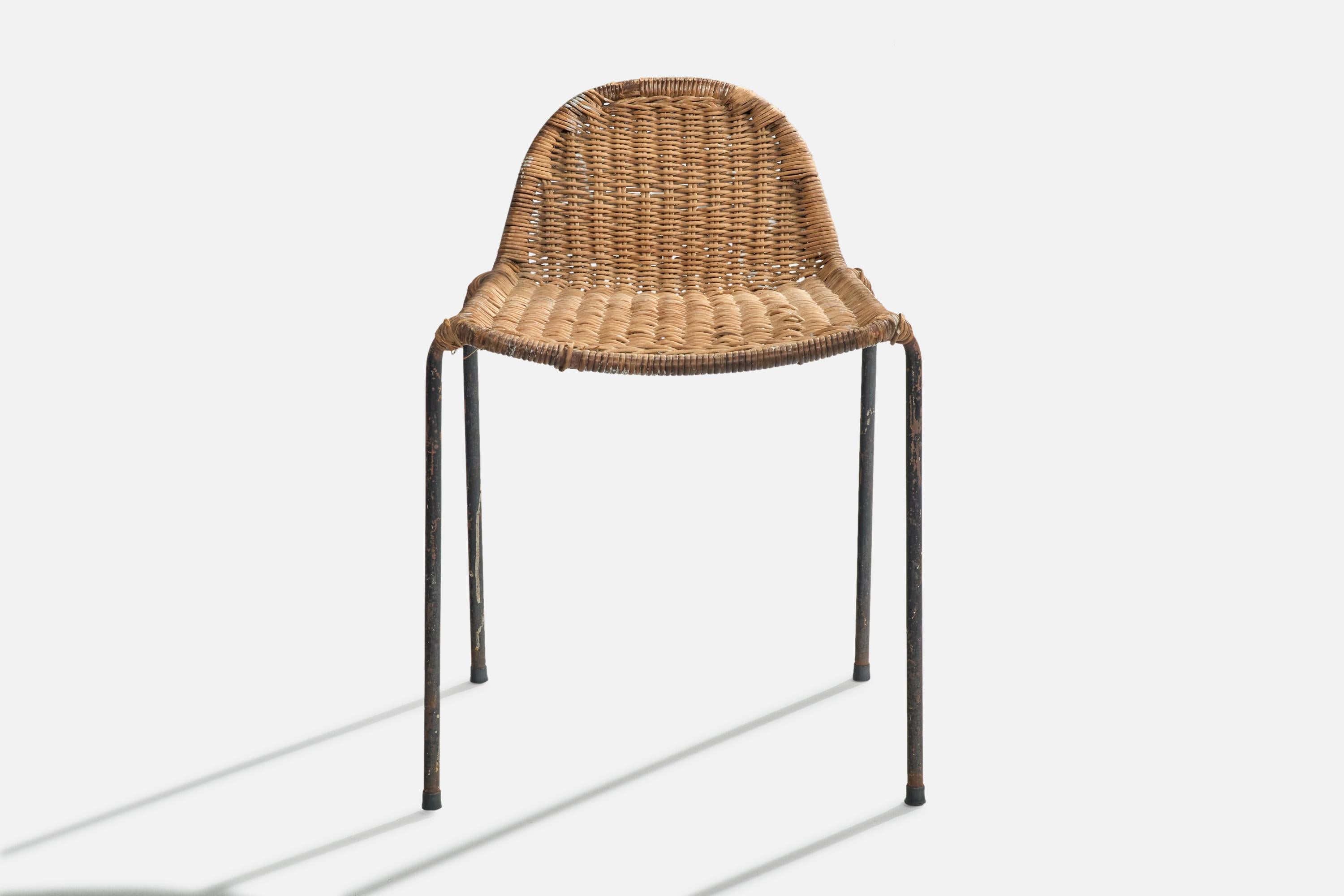 Mid-Century Modern Brazilian Designer, Stool, Iron, Rattan, Brazil, 1950s For Sale