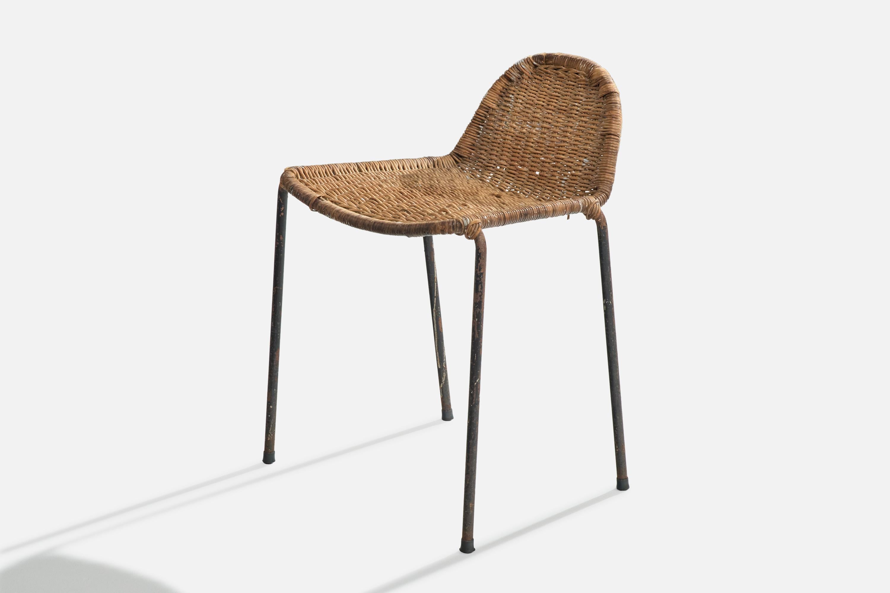 Brazilian Designer, Stool, Iron, Rattan, Brazil, 1950s In Good Condition For Sale In High Point, NC