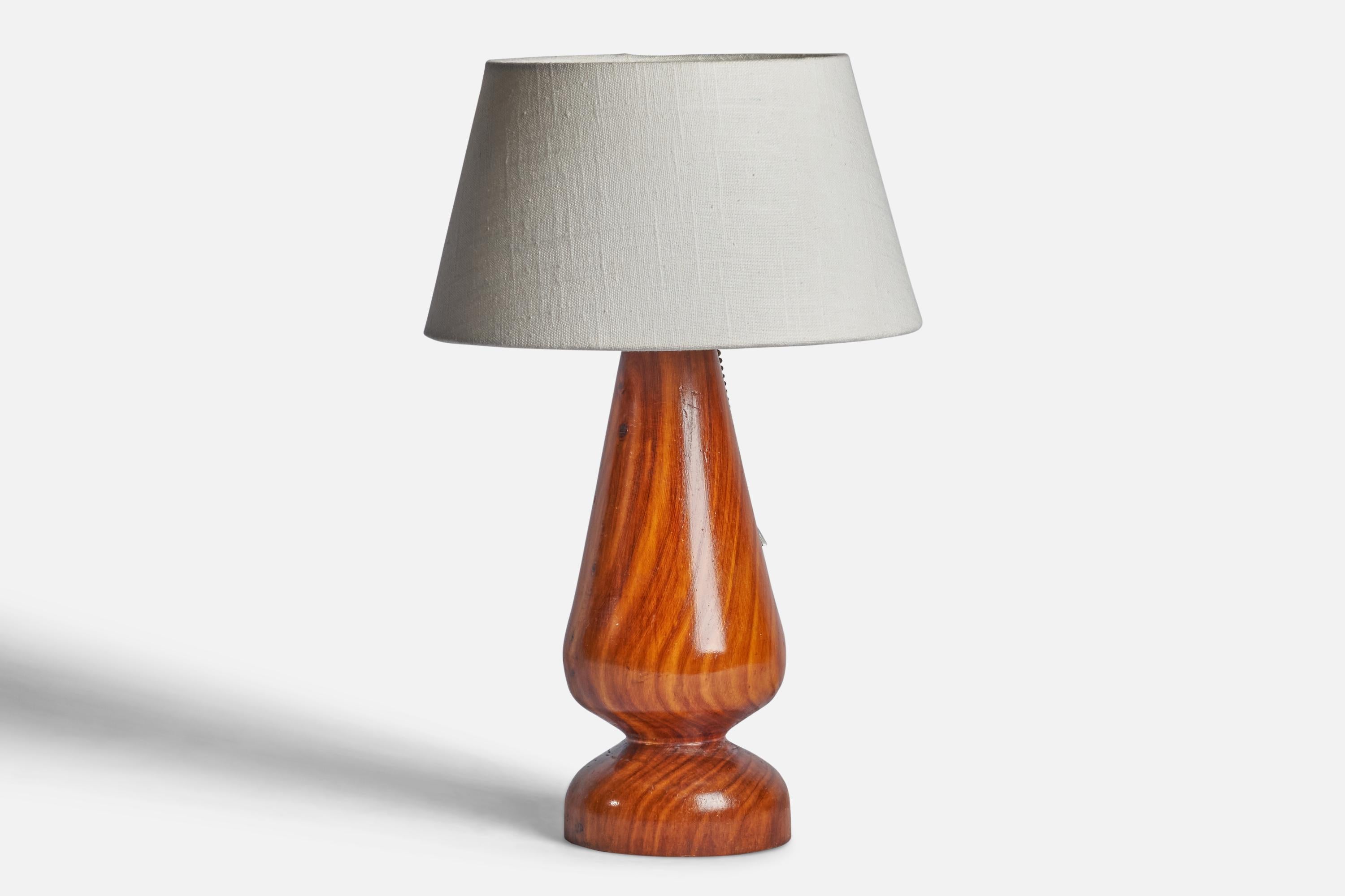 A hardwood table lamp designed and produced in Brazil, c. 1950s.

Dimensions of Lamp (inches): 12.65” H x 4.75” Diameter
Dimensions of Shade (inches): 7” Top Diameter x 10” Bottom Diameter x 5.5” H 
Dimensions of Lamp with Shade (inches): 15.85” H x