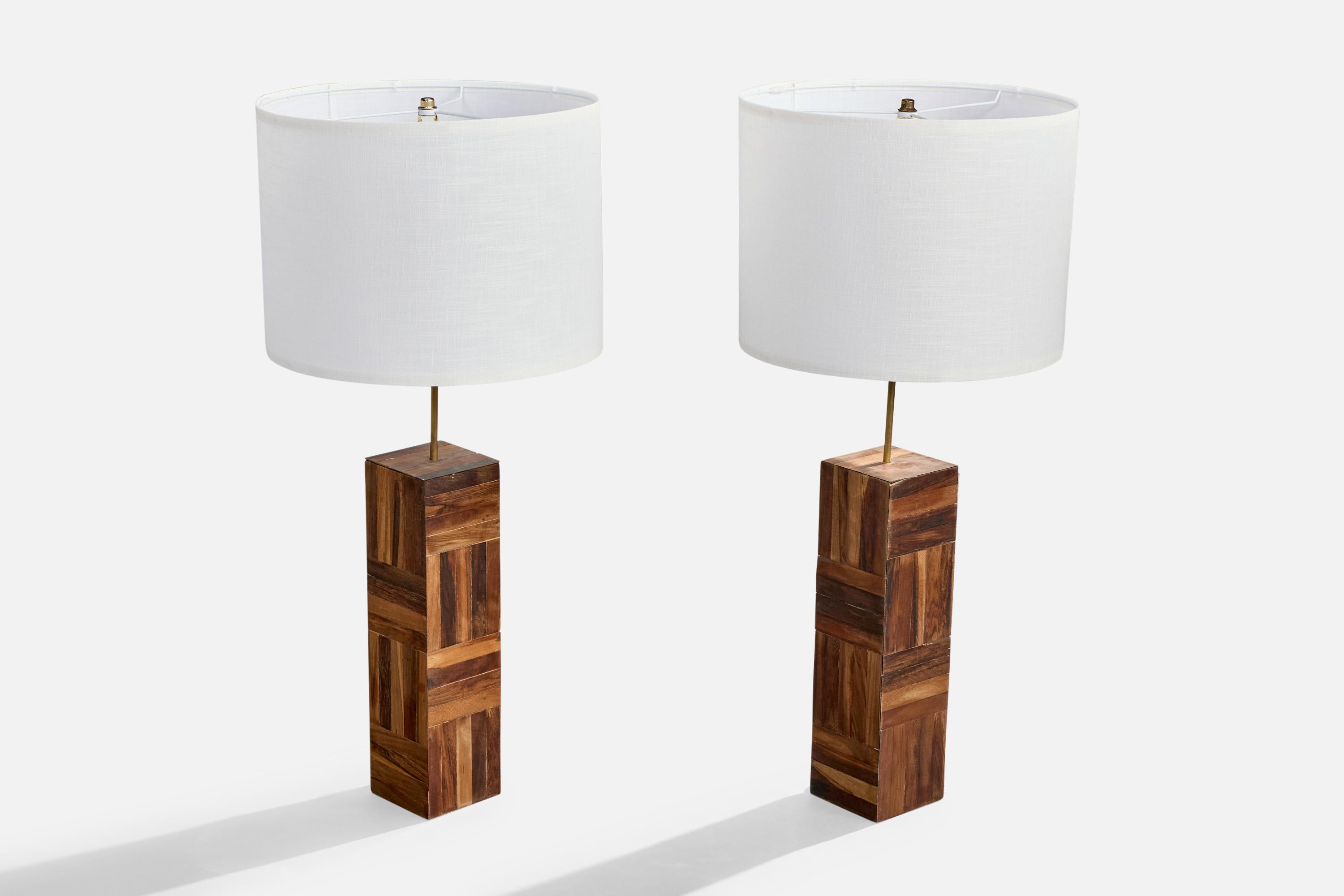 Mid-Century Modern Brazilian Designer, Table Lamps, Wood, Brass, Brazil, 1950s For Sale