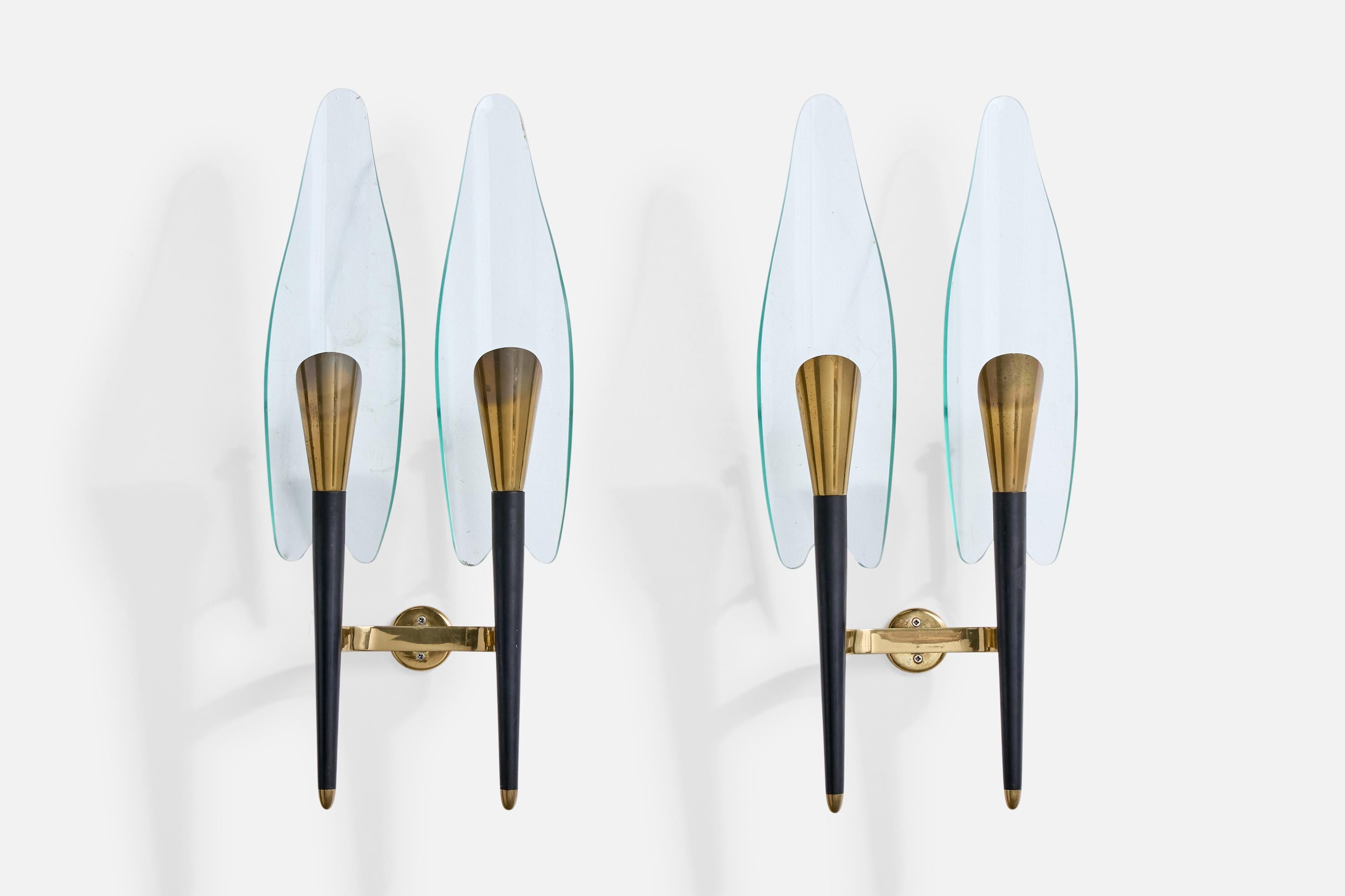 A pair of brass, black-lacquered metal and glass wall lights designed and produced in Brazil, c. 1950s.

The brass sockets present with very light oxidation.

Overall Dimensions (Inches): 21.25” H x 9.25” W x 5“ D

Back Plate Dimensions (Inches): 2”