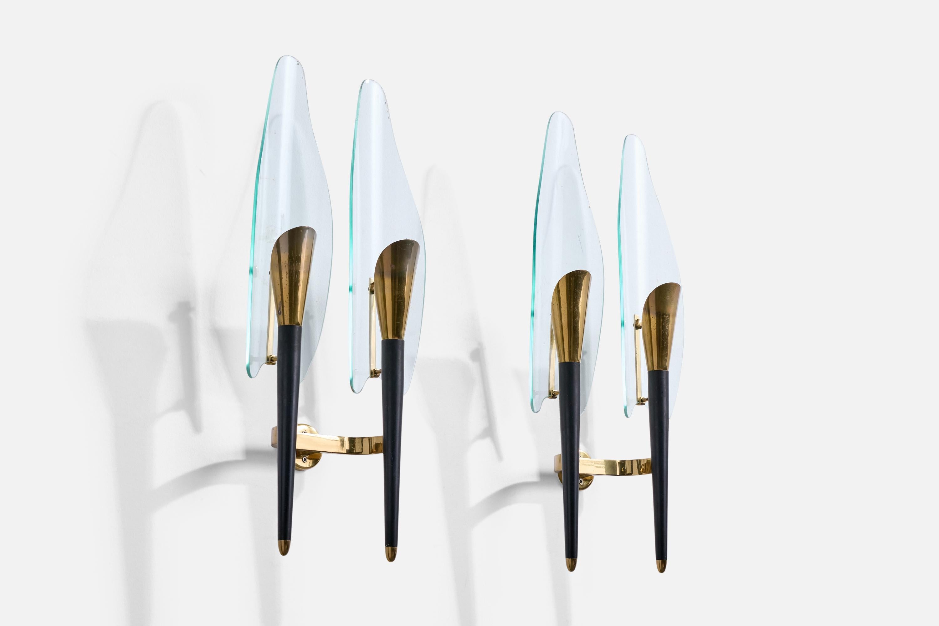Mid-Century Modern Brazilian Designer, Wall Lights, Brass, Metal, Glass, Brazil, 1950s For Sale