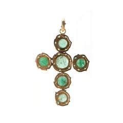 Sylva & Cie Handmade Cross Pendant w/ Brazilian Emerald Slices & 18k Yellow Gold