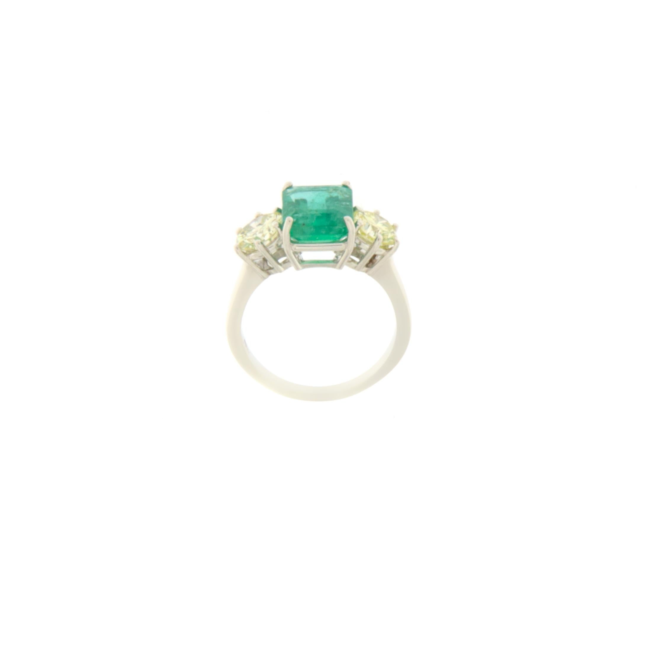 Artisan Brazilian Emerald Diamonds 18 Karat White Gold Cocktail Ring For Sale