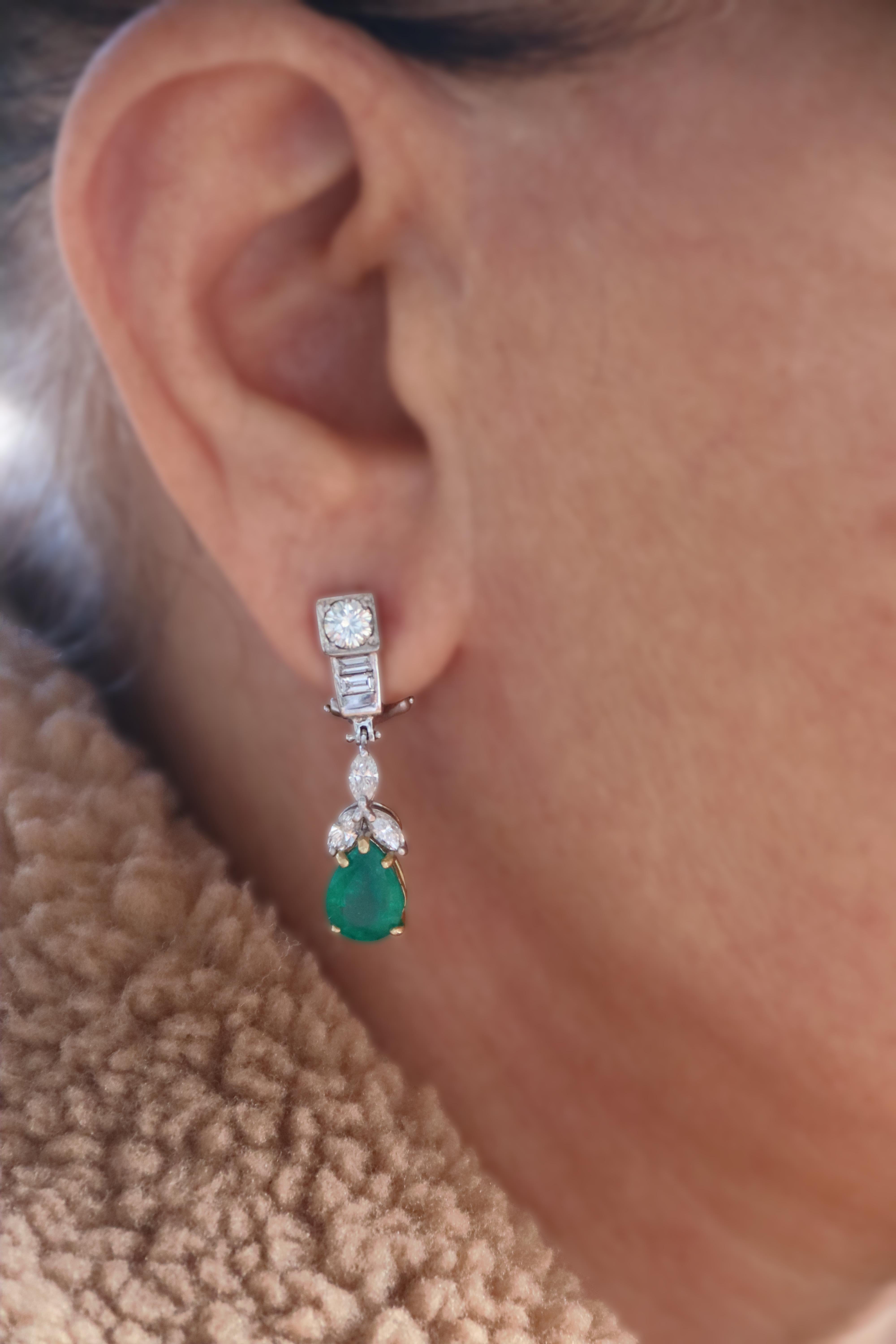 Pendientes Gota Esmeralda Brasileña Diamantes Oro Blanco 18 Kilates Corte esmeralda en venta