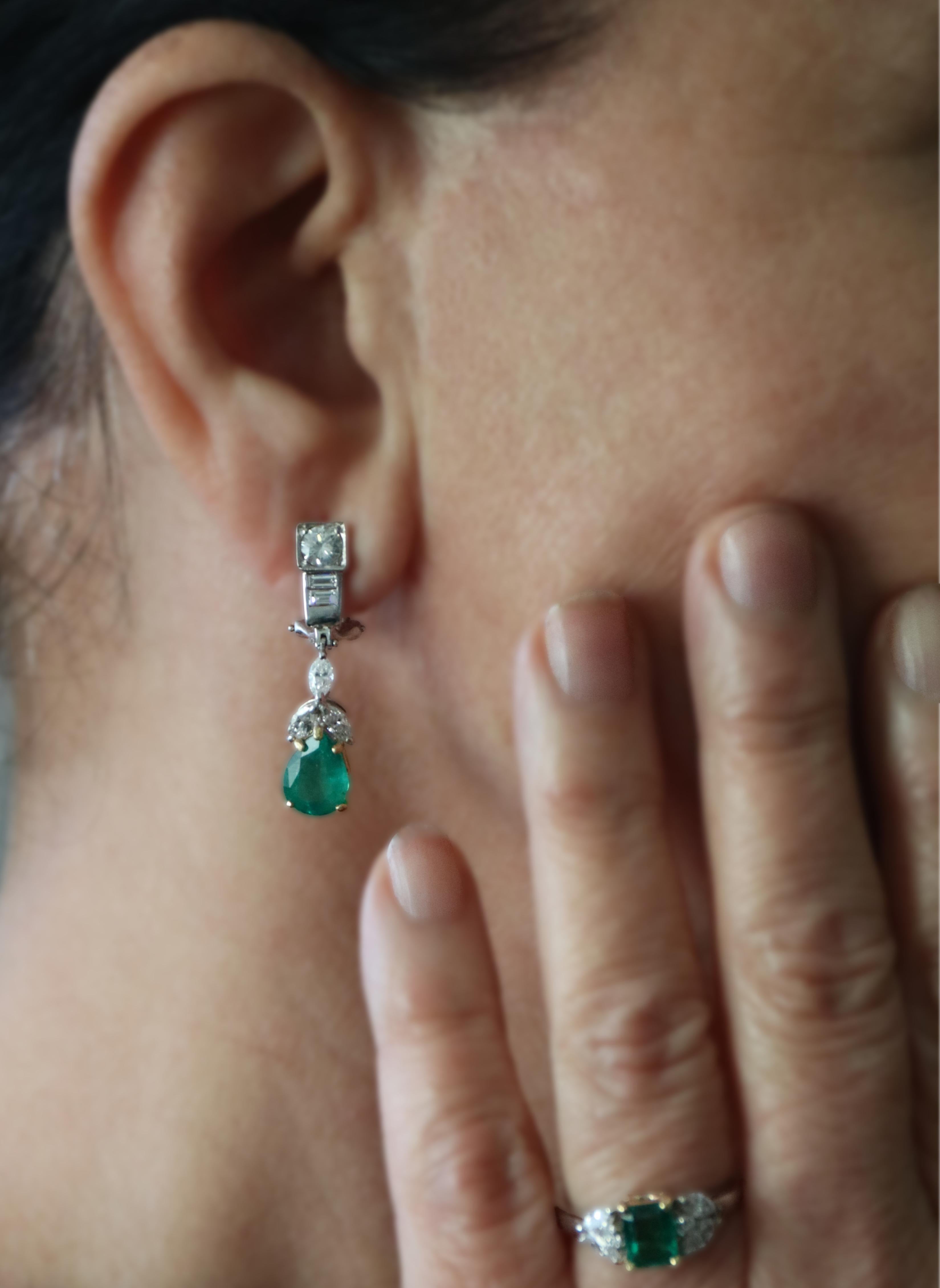 Pendientes Gota Esmeralda Brasileña Diamantes Oro Blanco 18 Kilates en venta 3