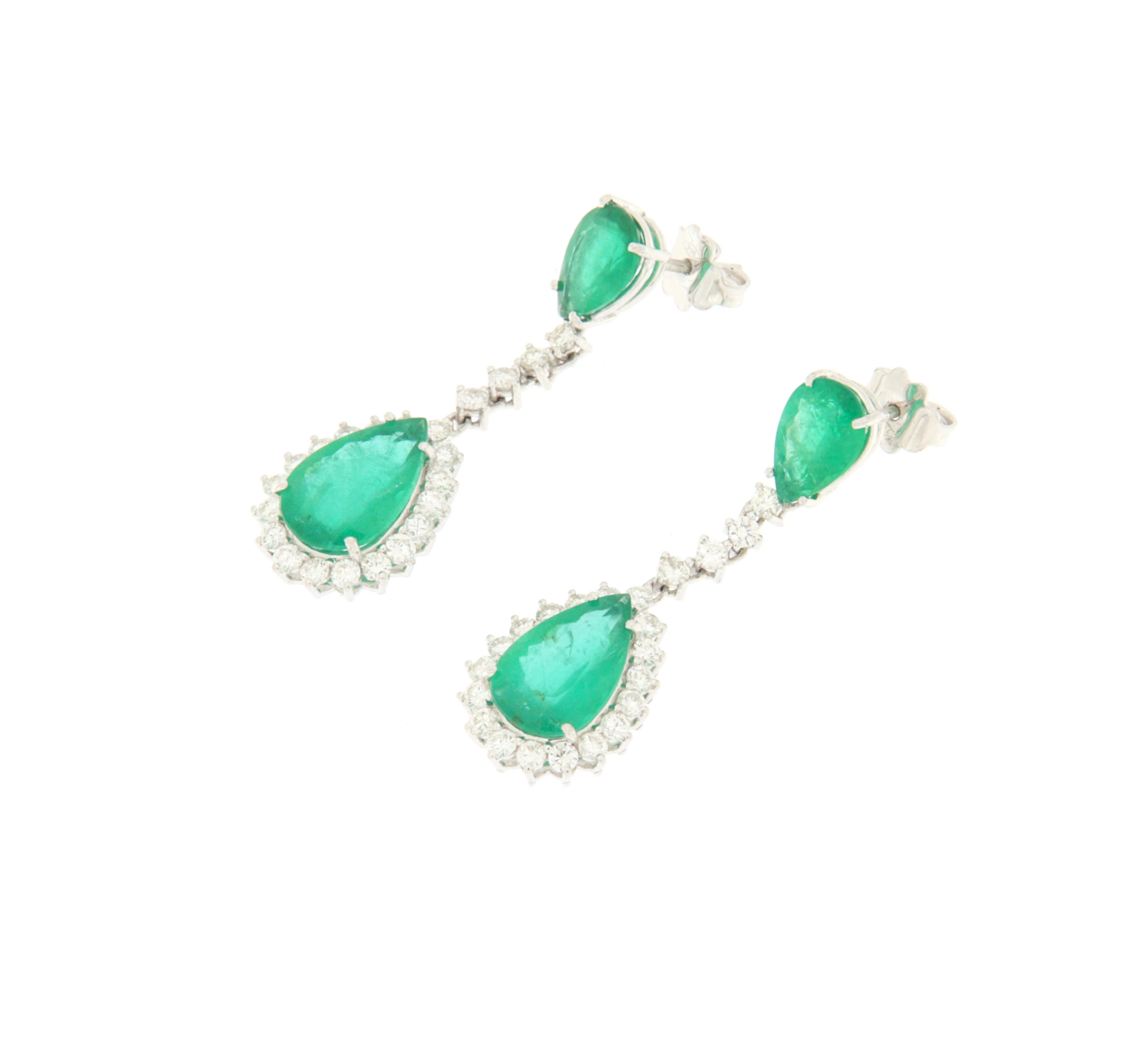 Artisan Brazilian Emerald Diamonds White Gold 18 Karat Drop Earrings For Sale