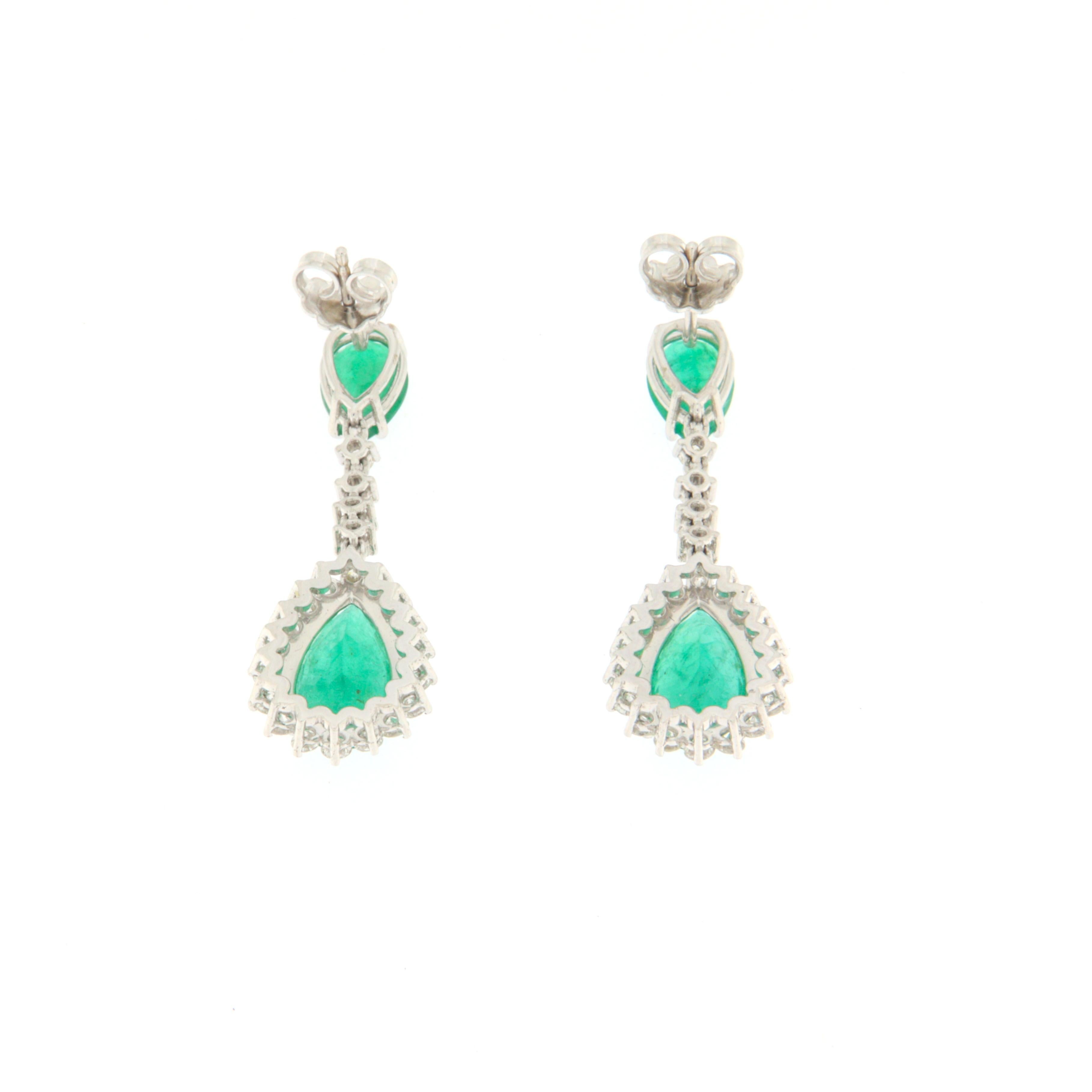 Women's Brazilian Emerald Diamonds White Gold 18 Karat Drop Earrings For Sale
