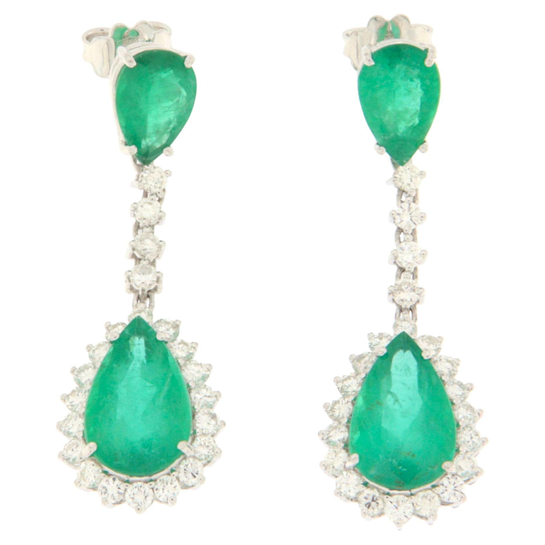 Brazilian Emerald Diamonds White Gold 18 Karat Drop Earrings For Sale
