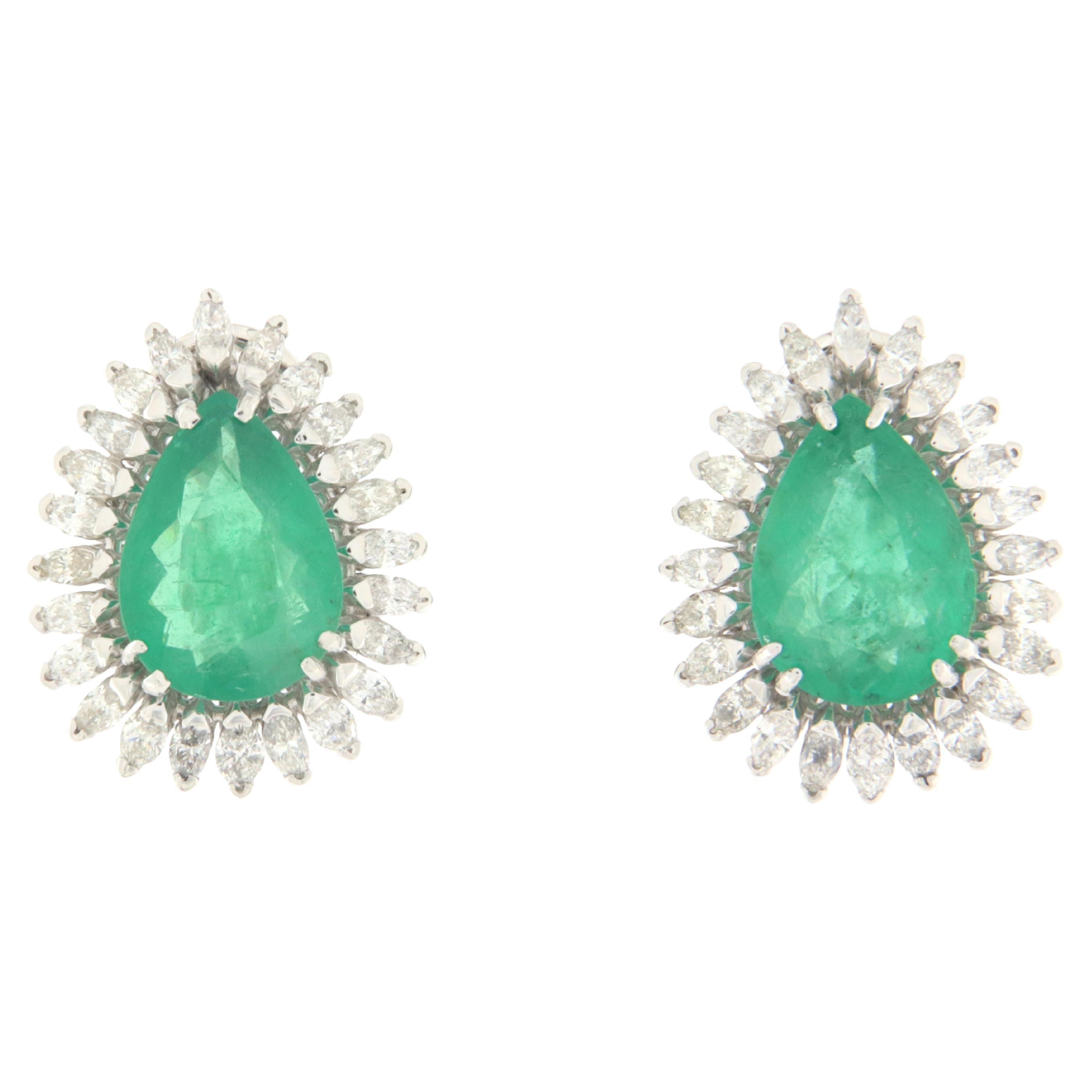 Brazilian Emerald Diamonds White Gold 18 Karat Stud Earrings For Sale