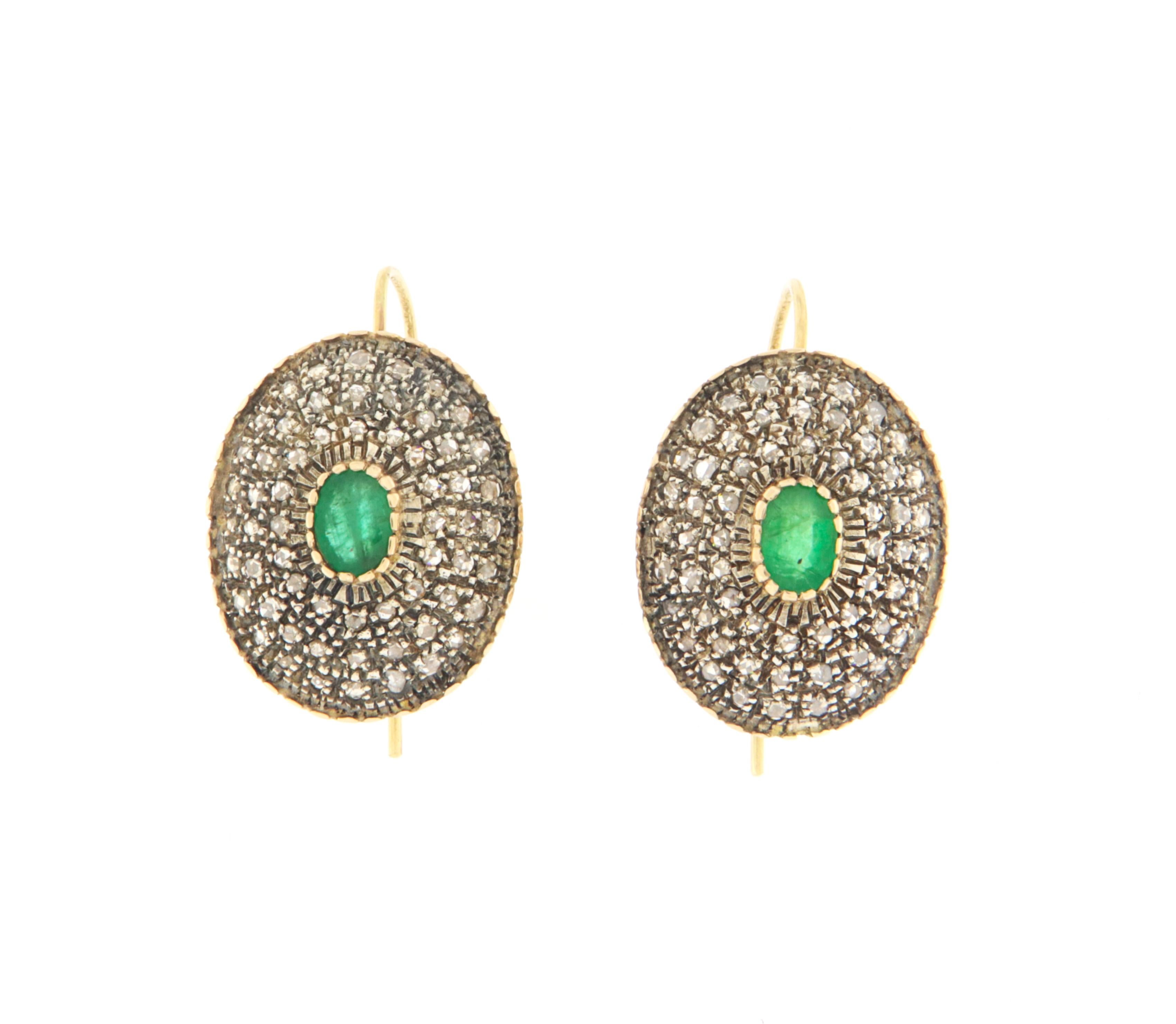 Artisan Brazilian Emeralds Diamonds 14 Karat Yellow Gold Drop Earrings For Sale