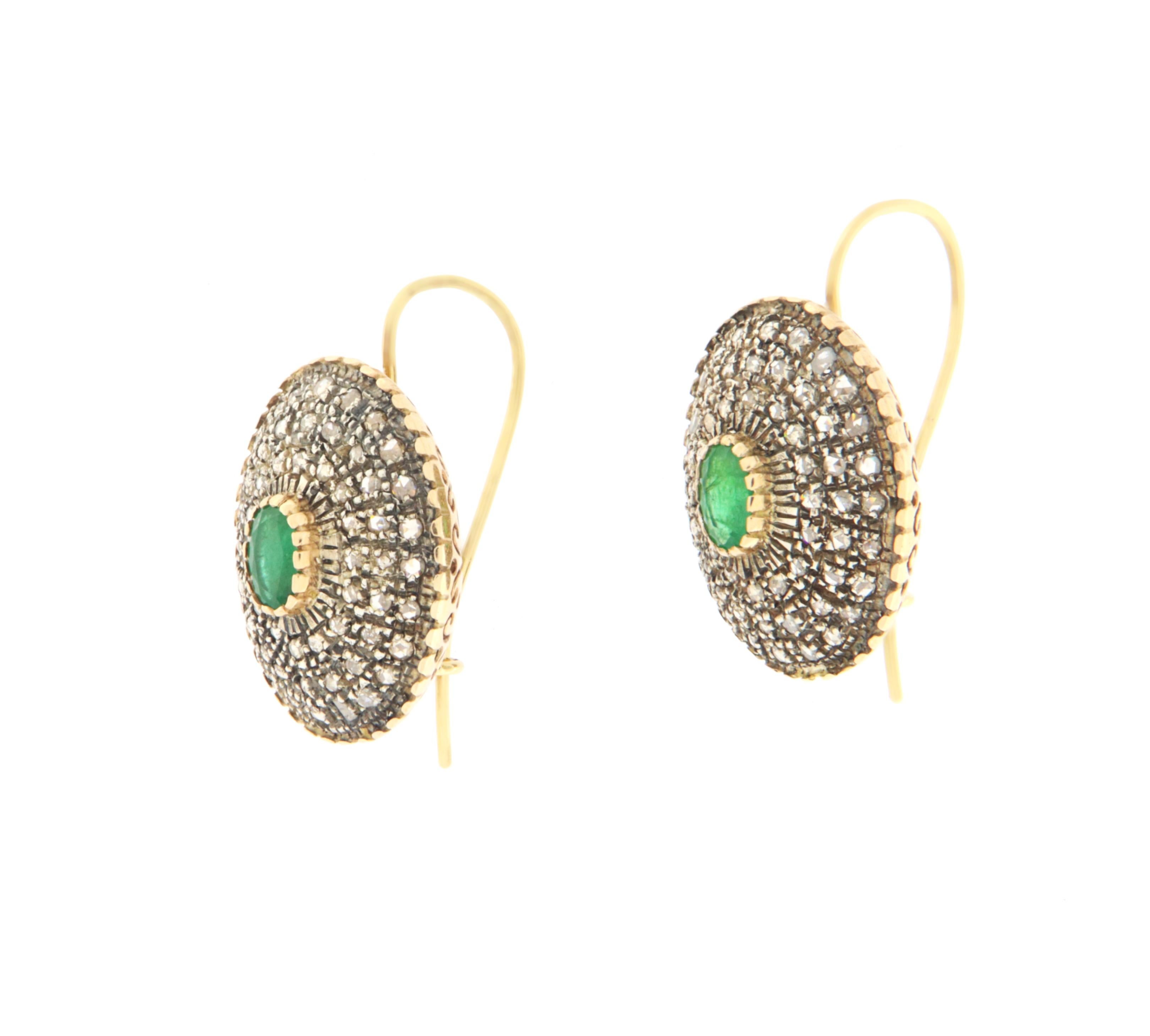Emerald Cut Brazilian Emeralds Diamonds 14 Karat Yellow Gold Drop Earrings For Sale