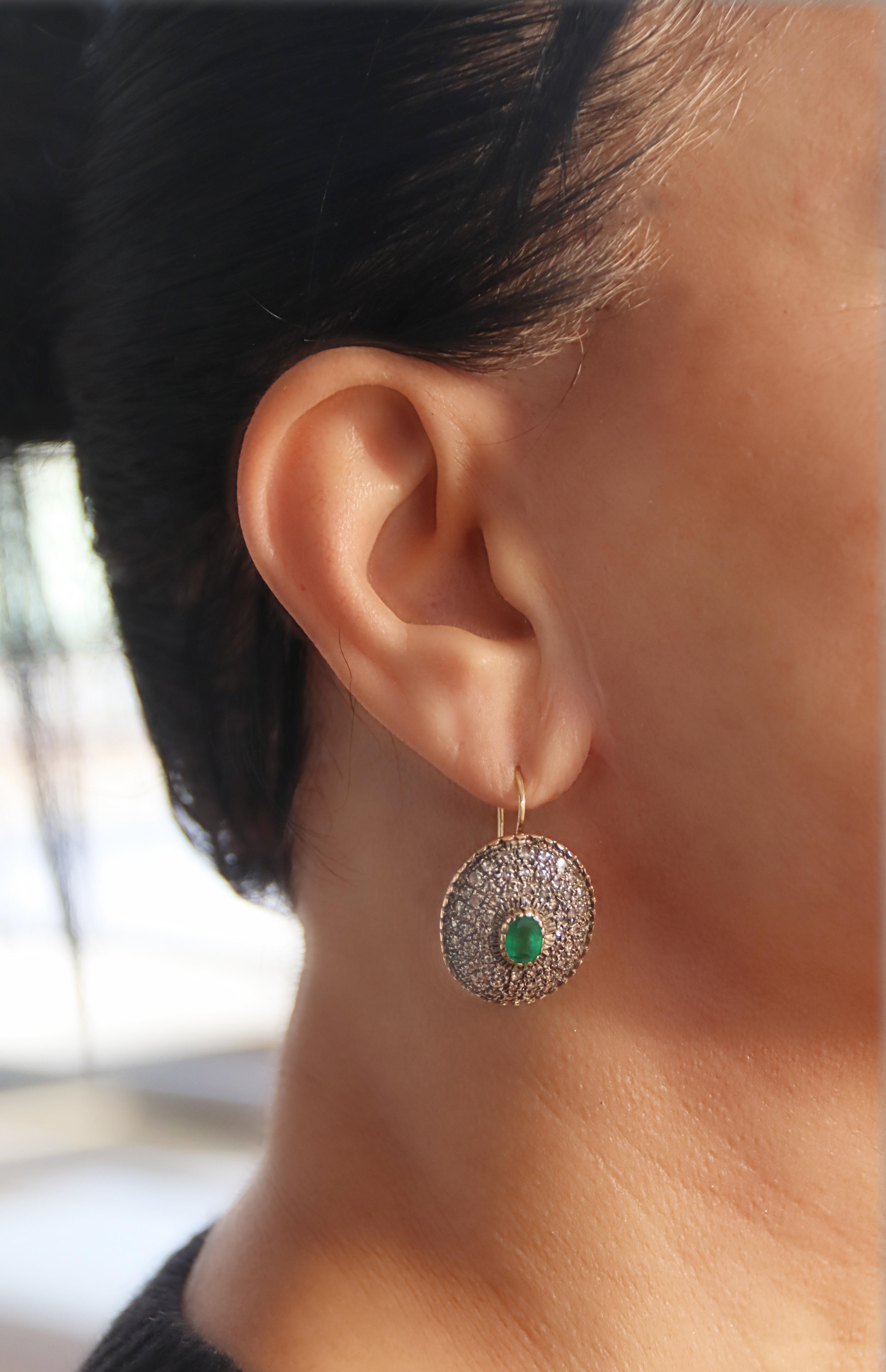 Brazilian Emeralds Diamonds 14 Karat Yellow Gold Drop Earrings For Sale 1