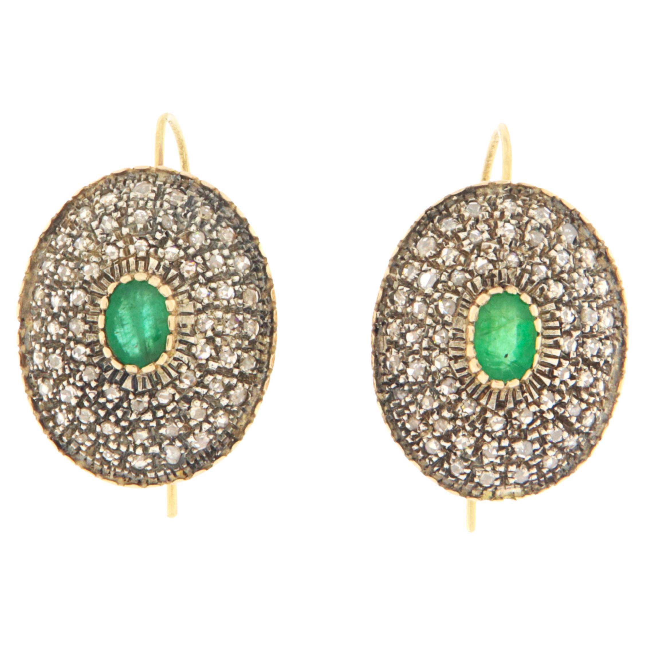 Brazilian Emeralds Diamonds 14 Karat Yellow Gold Drop Earrings For Sale