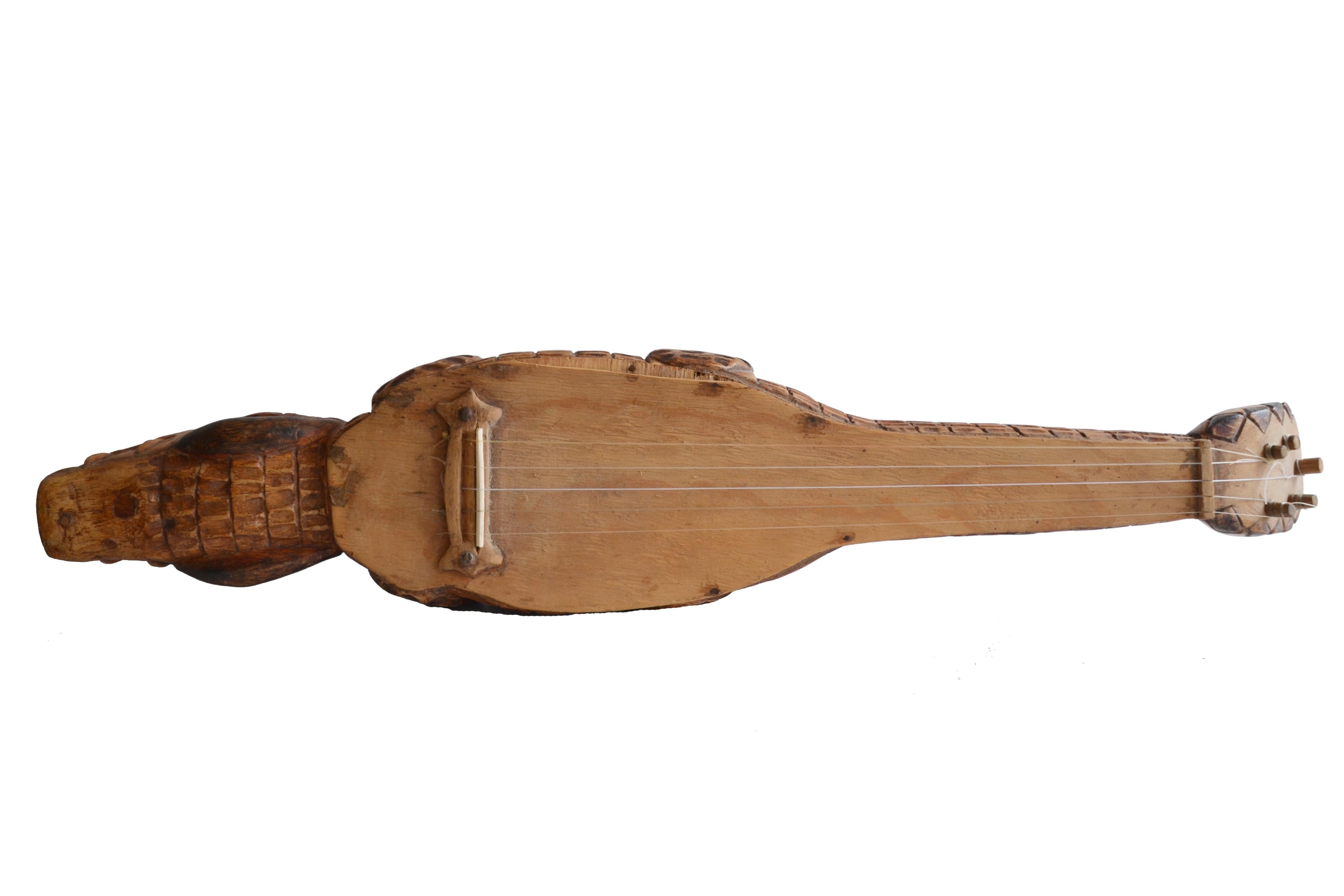 Folk Art Brazilian Hand-Carved Wood Instrument Viola de Cocho Alligator For Sale