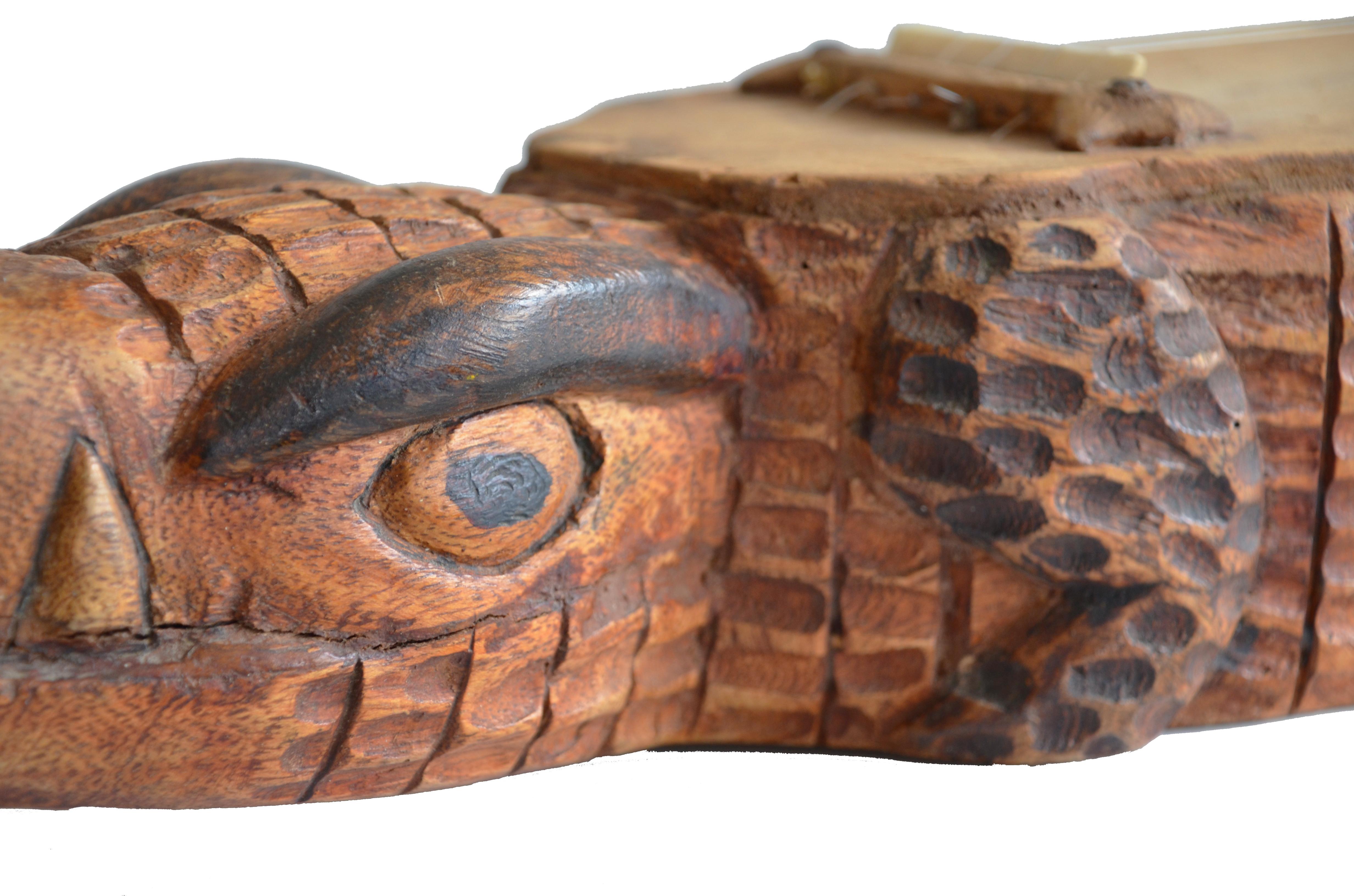 Contemporary Brazilian Hand-Carved Wood Instrument Viola de Cocho Alligator For Sale