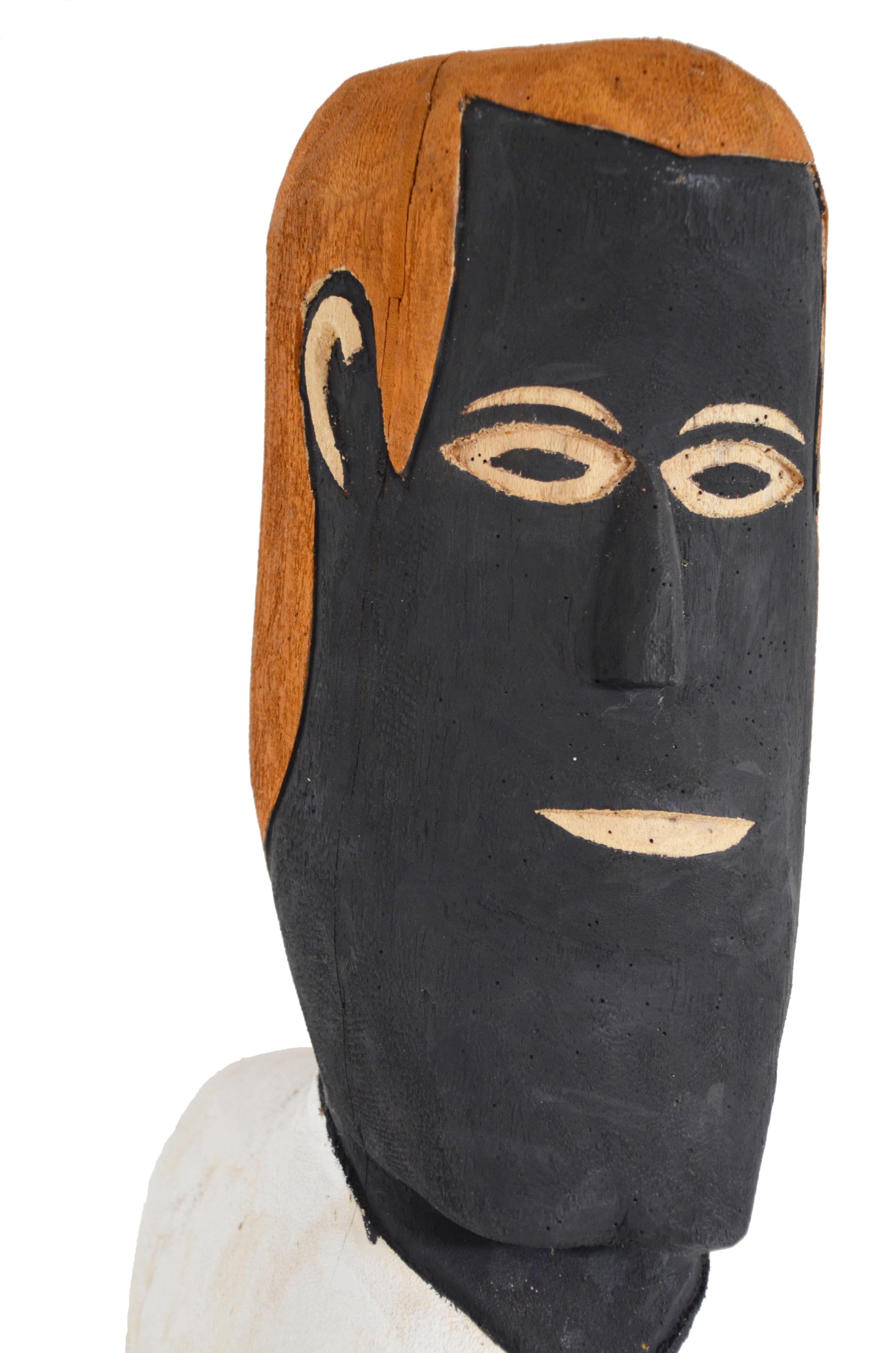 Contemporary Brazilian Hand-Carved Wood Sculpture Head For Sale