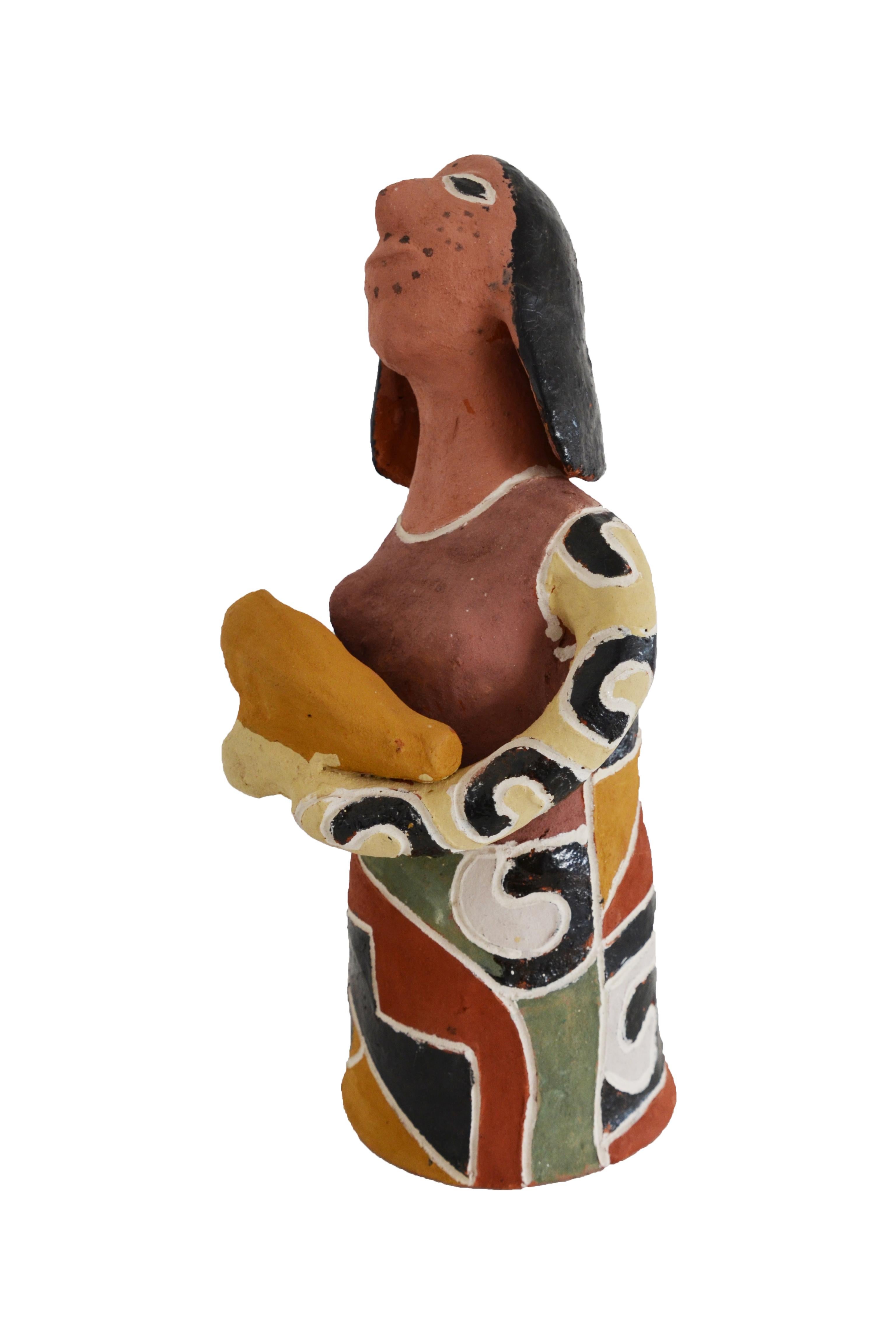 Folk Art Brazilian Hand-Crafted Ceramic Sculpture Woman with Baby For Sale