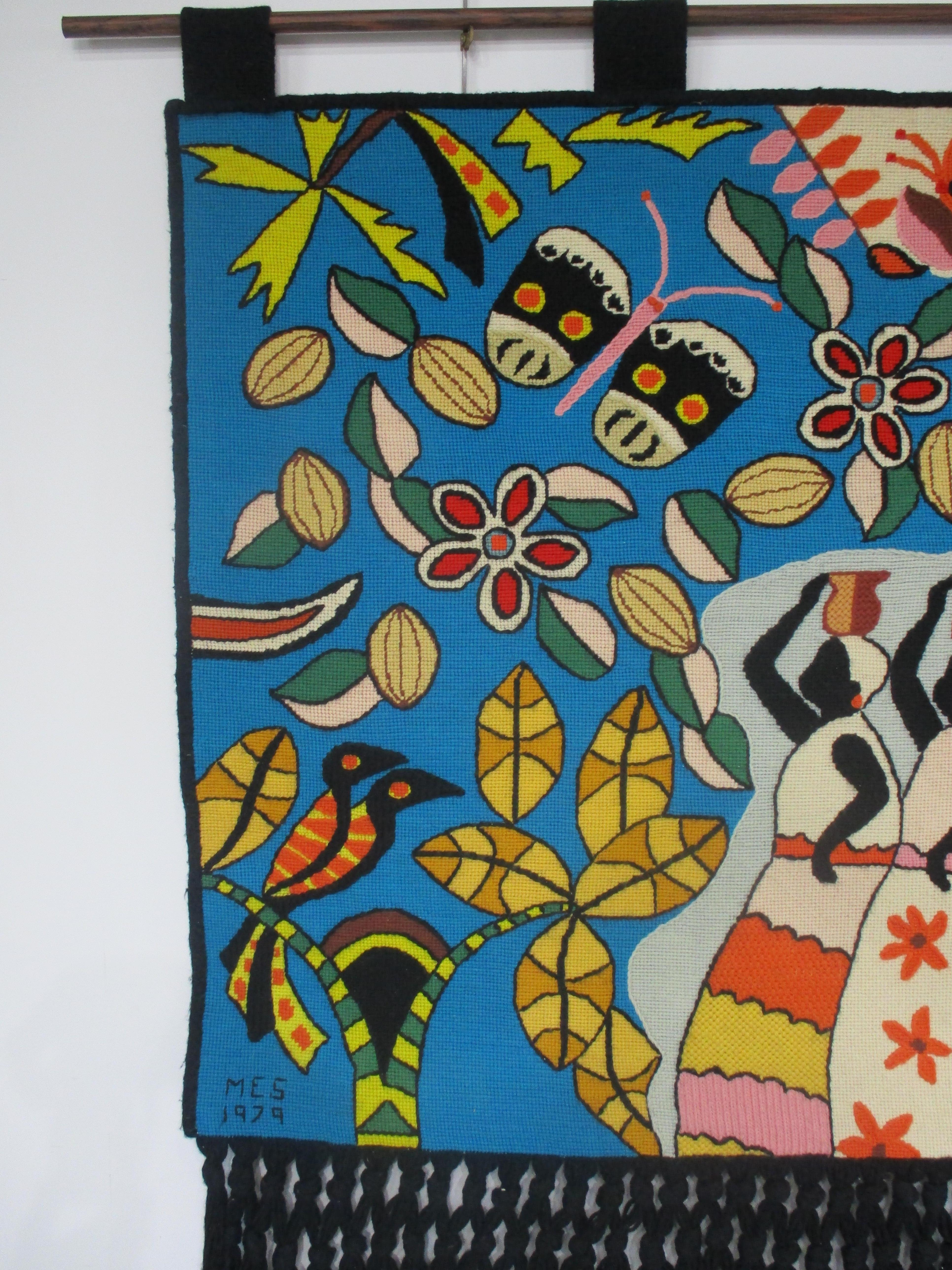 Hand-Woven Kennedy Bahia styled Brazilian Hand Woven Tapestry Signed MES 1979 For Sale