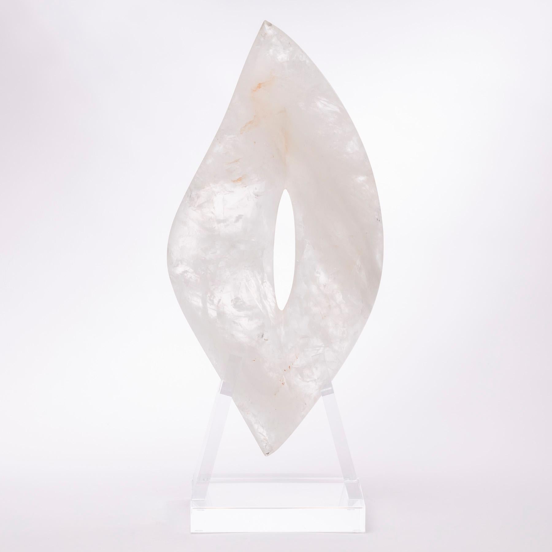 Organic Modern Brazilian Handcraft White Quartz Sculpture Mounted on Custom Acrylic Base For Sale