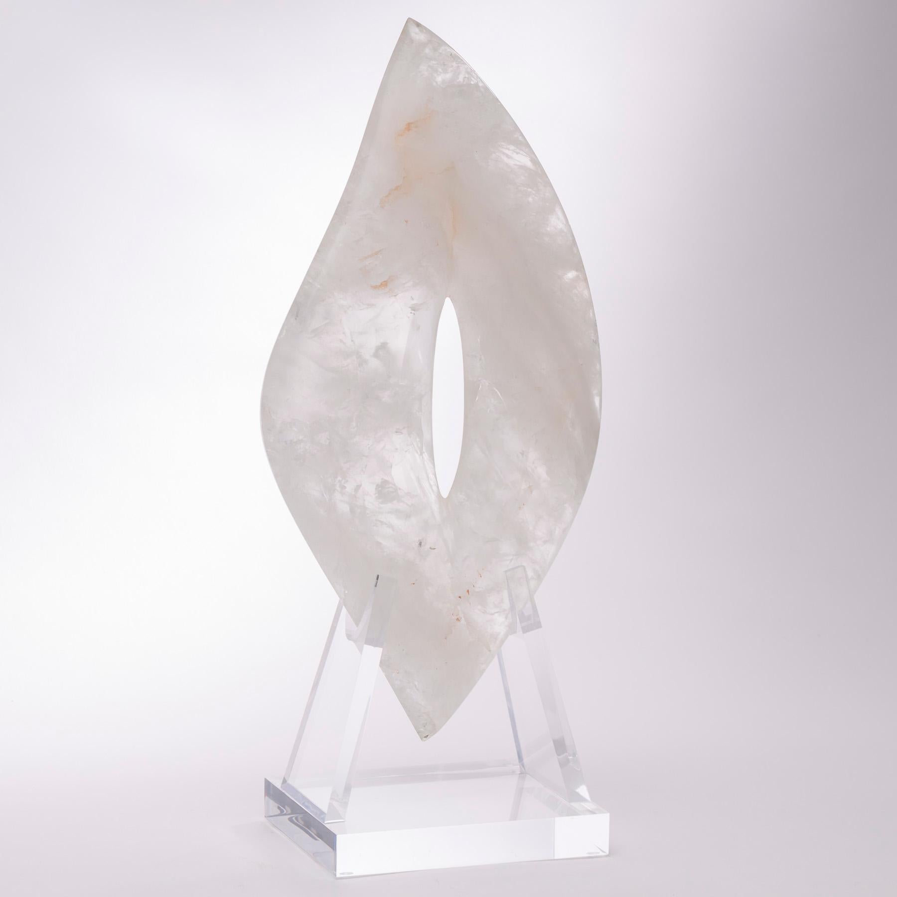 Contemporary Brazilian Handcraft White Quartz Sculpture Mounted on Custom Acrylic Base For Sale