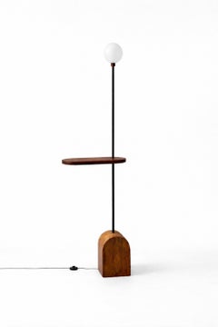 Brazilian Hardwood & Opaline Glass Sculptural Floor Lamp with Shelf, Signed
