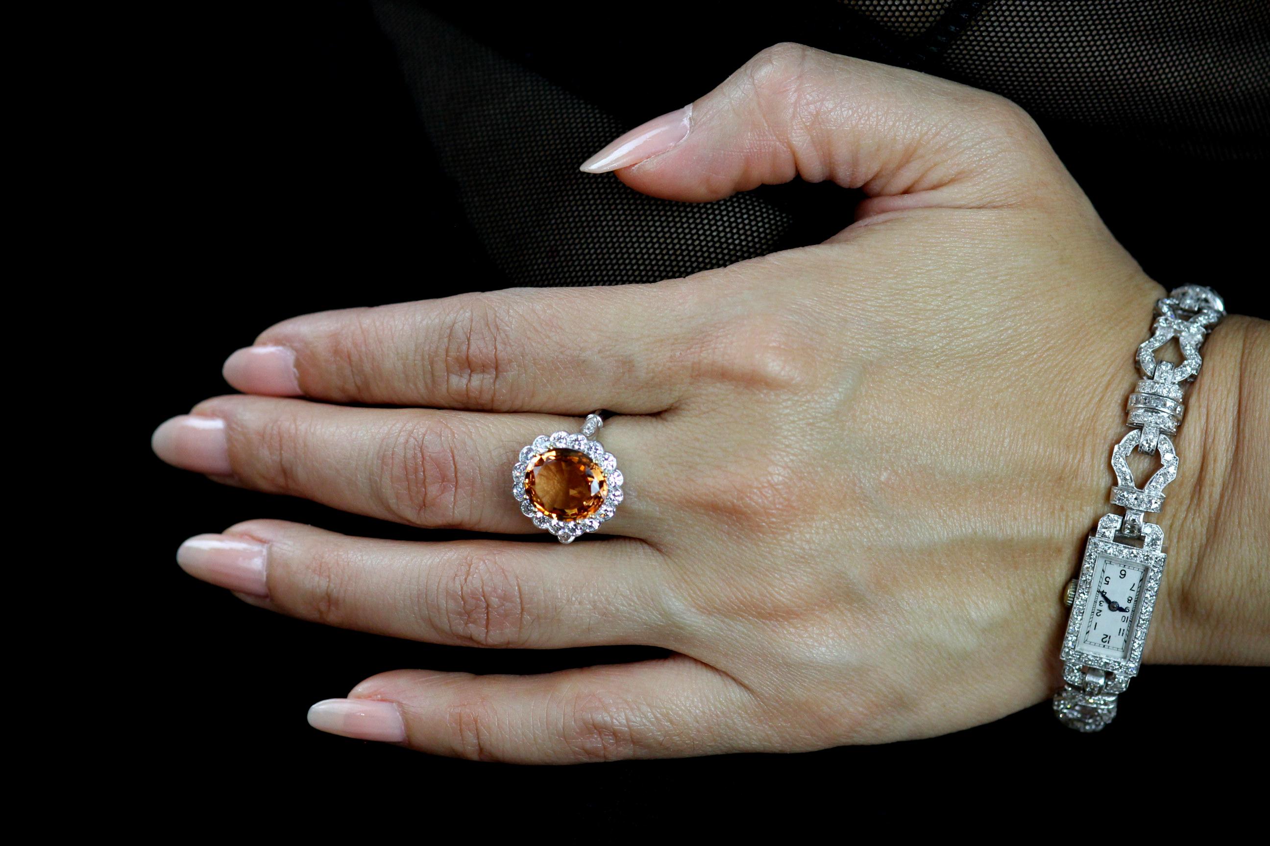 Modern Brazilian Imperial Topaz Orange Color 4.8ct and Diamond Cluster Ring in Platinum